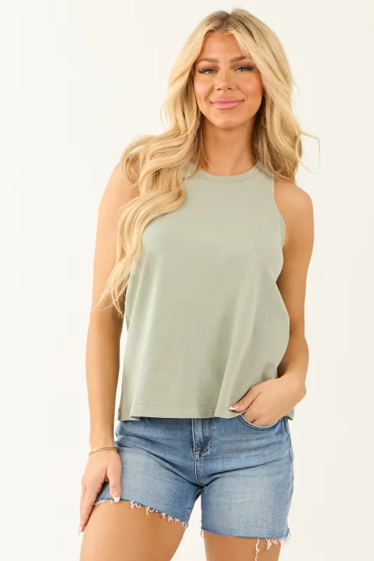 Sage Mineral Washed Crew Neck Tank Top sold by Lime Lush