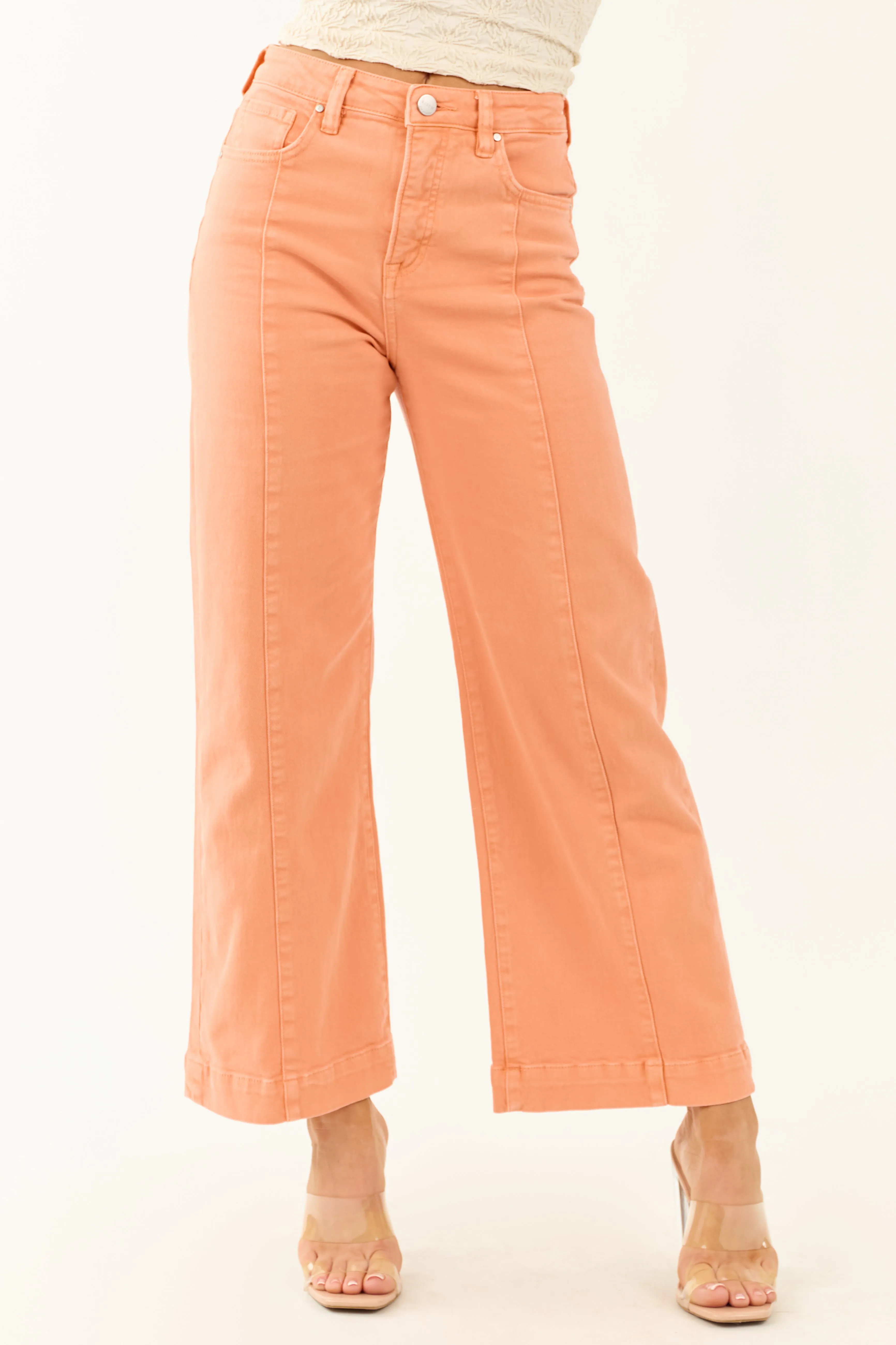 Risen Melon Tummy Control Stretchy Wide Leg Jeans sold by Lime Lush
