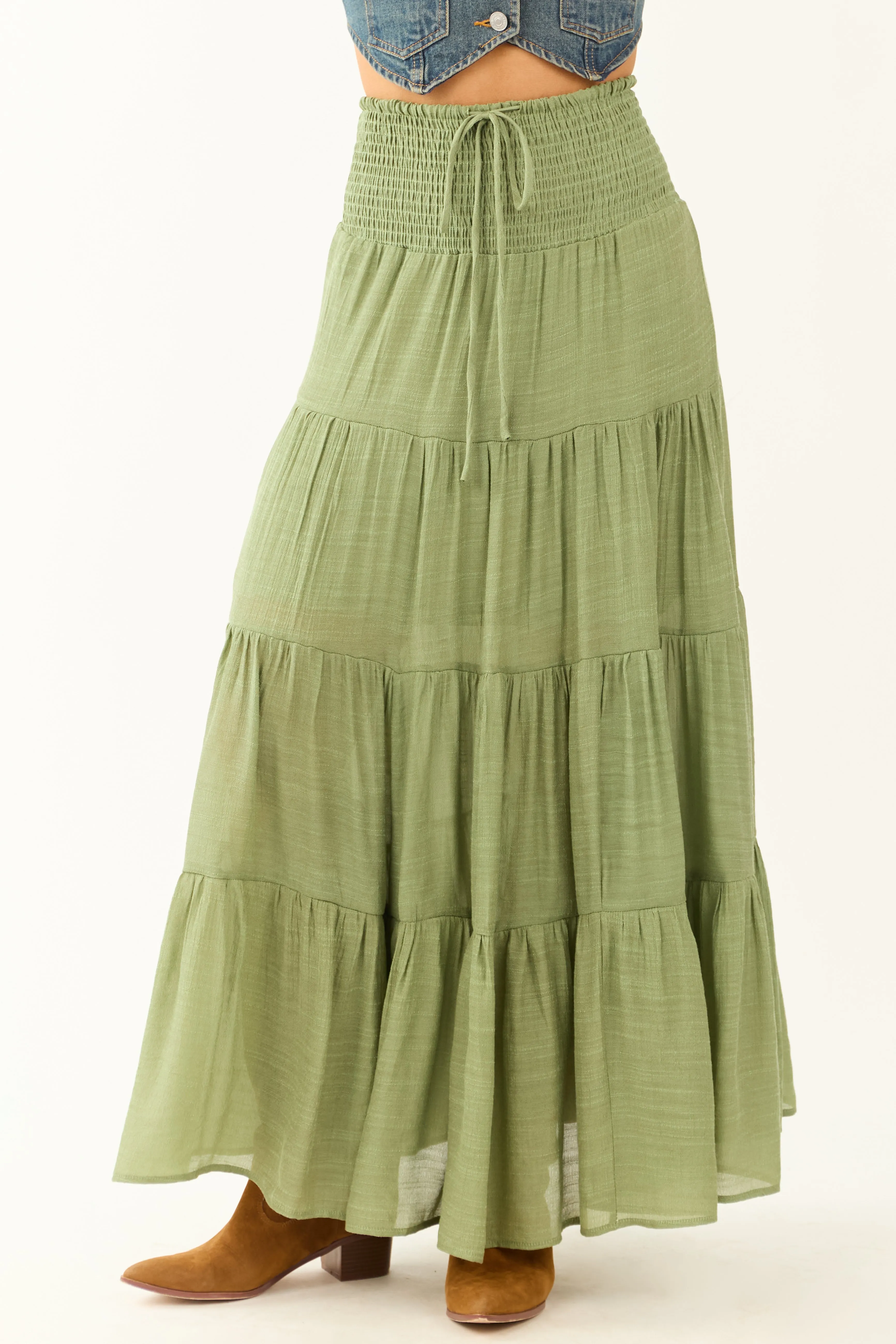 Dark Sage Tiered Smocked Drawstring Waist Maxi Skirt sold by Lime Lush product image thumbnail 2