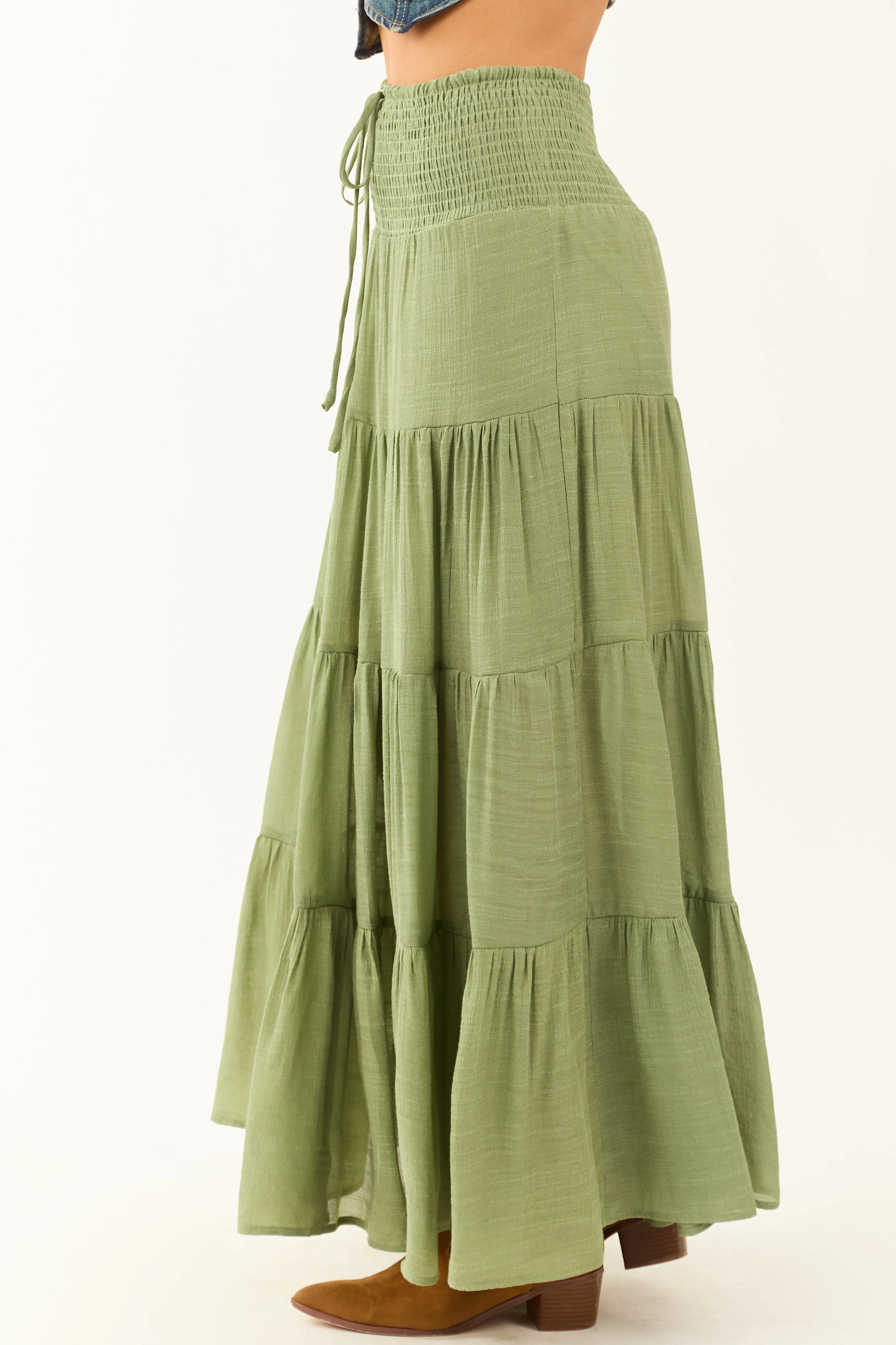 Dark Sage Tiered Smocked Drawstring Waist Maxi Skirt sold by Lime Lush product image thumbnail 3