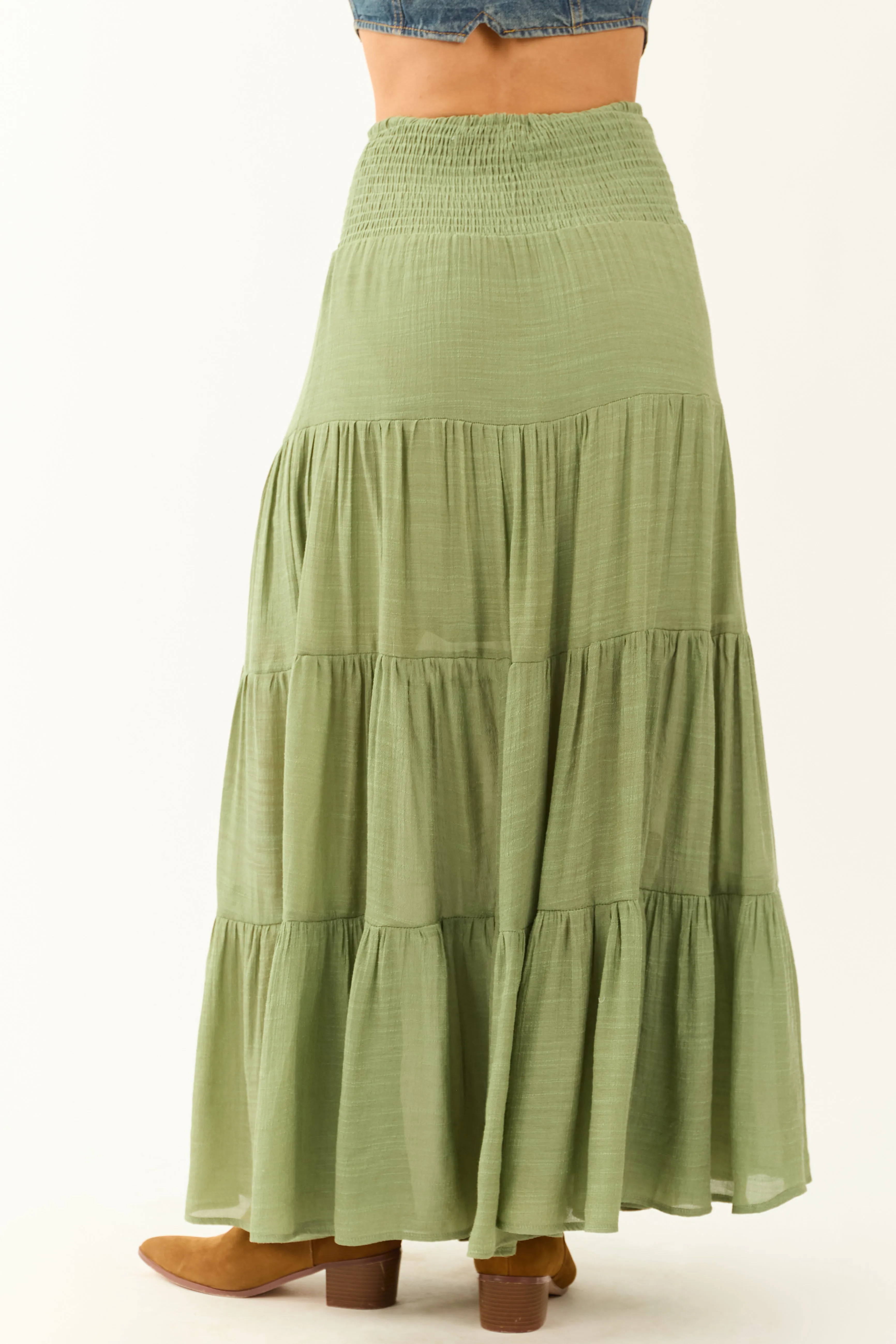 Dark Sage Tiered Smocked Drawstring Waist Maxi Skirt sold by Lime Lush product image thumbnail 4