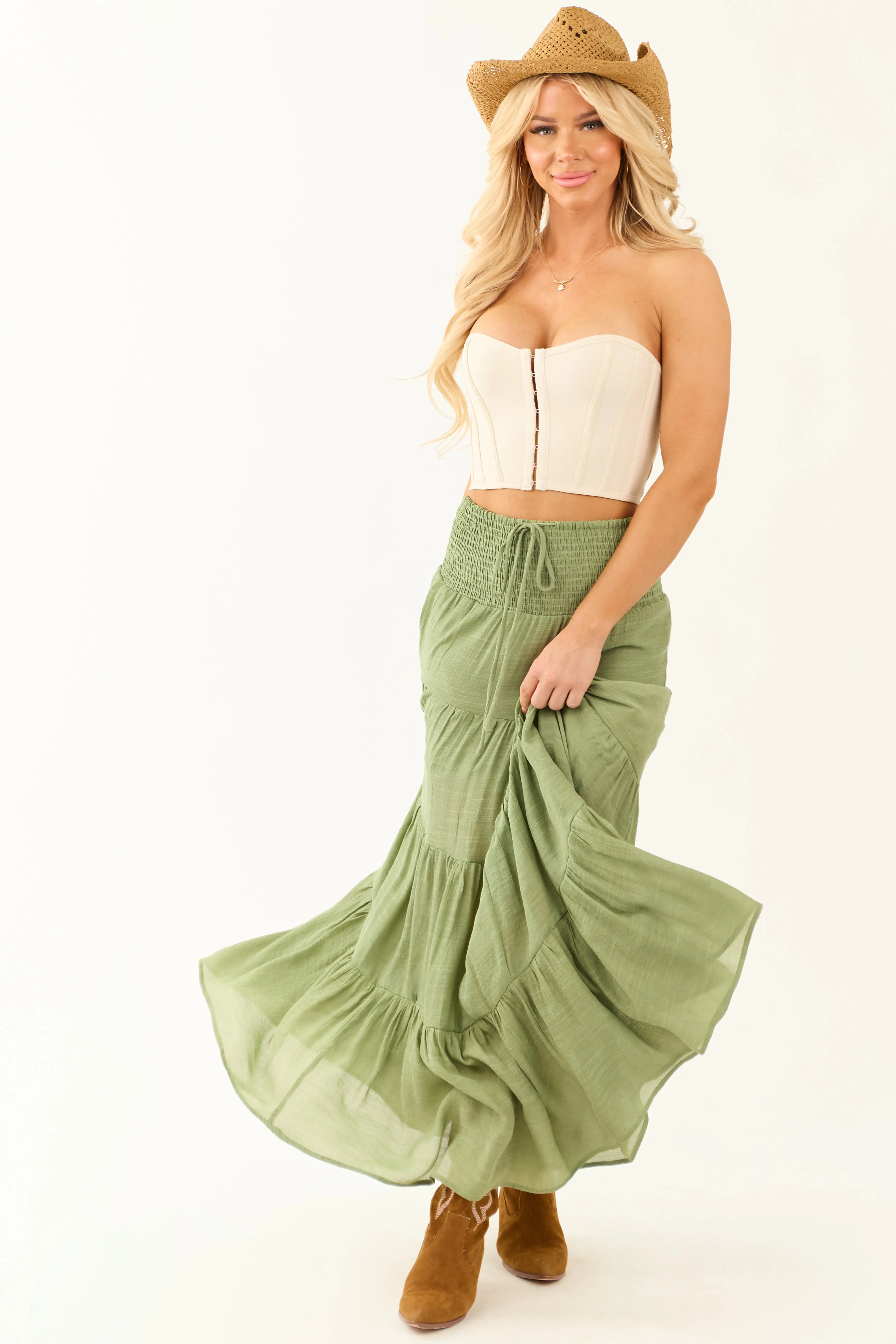 Dark Sage Tiered Smocked Drawstring Waist Maxi Skirt sold by Lime Lush product image thumbnail 5