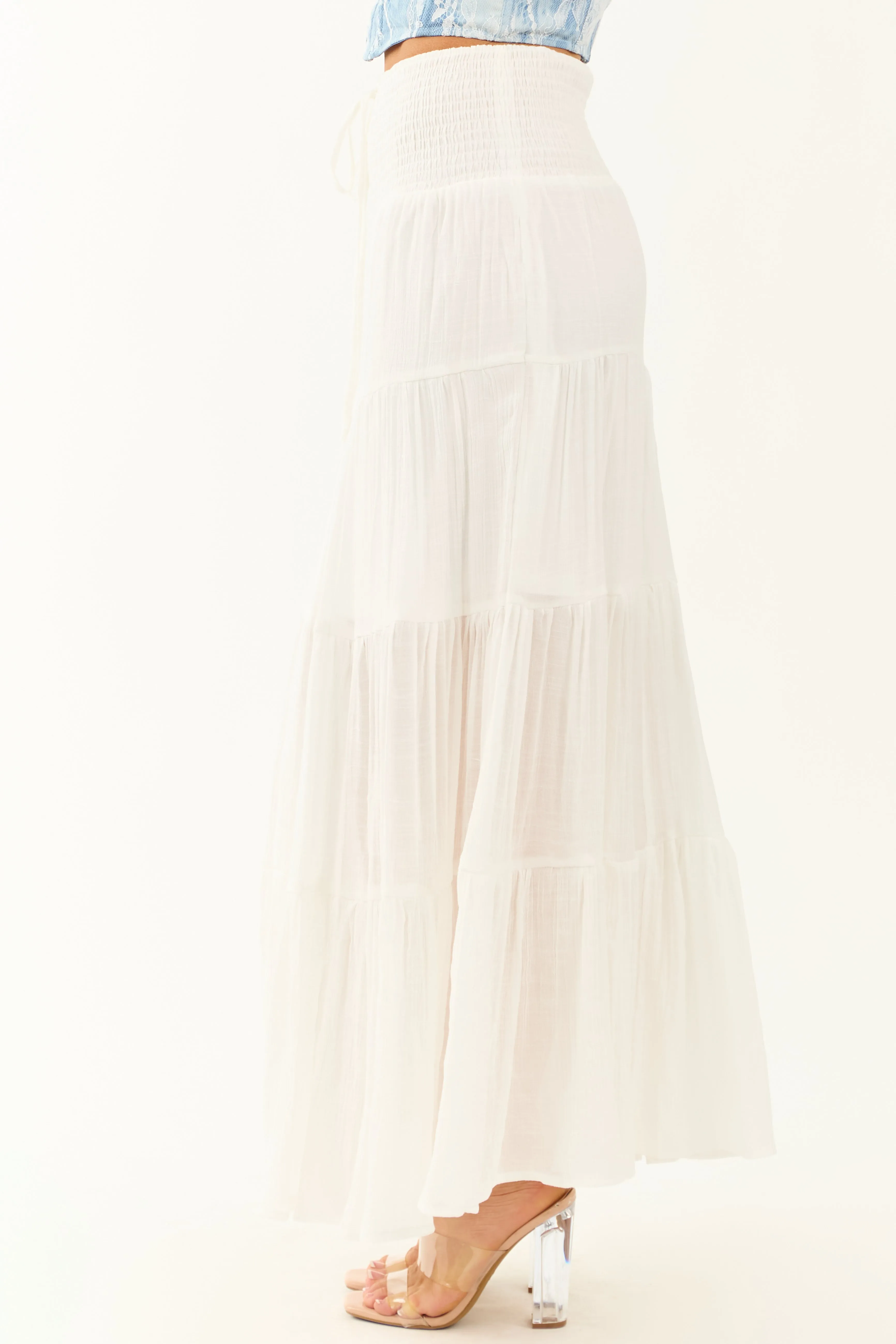 Ivory Tiered Smocked Drawstring Waist Maxi Skirt sold by Lime Lush product image thumbnail 3