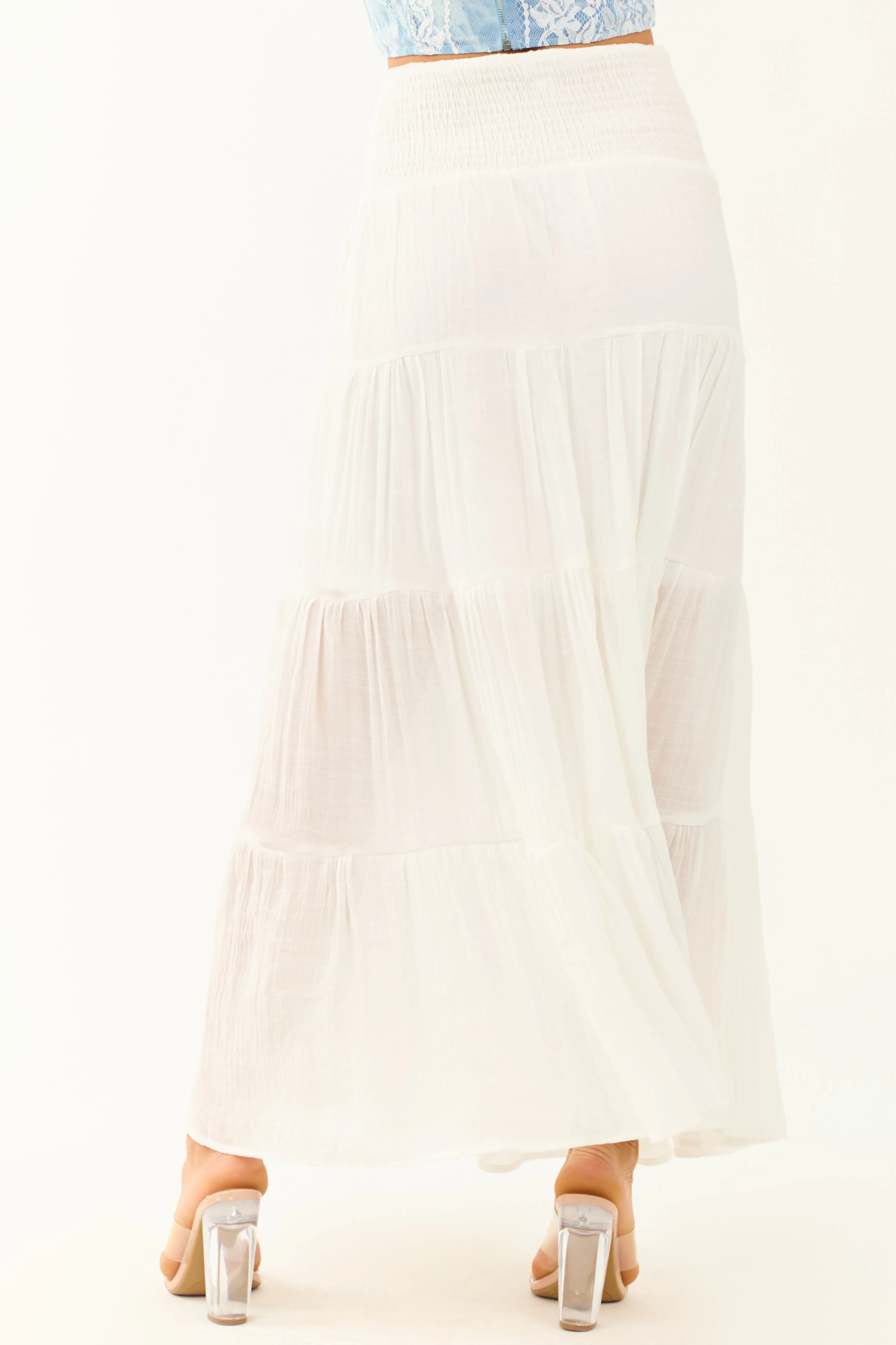 Ivory Tiered Smocked Drawstring Waist Maxi Skirt sold by Lime Lush product image thumbnail 4