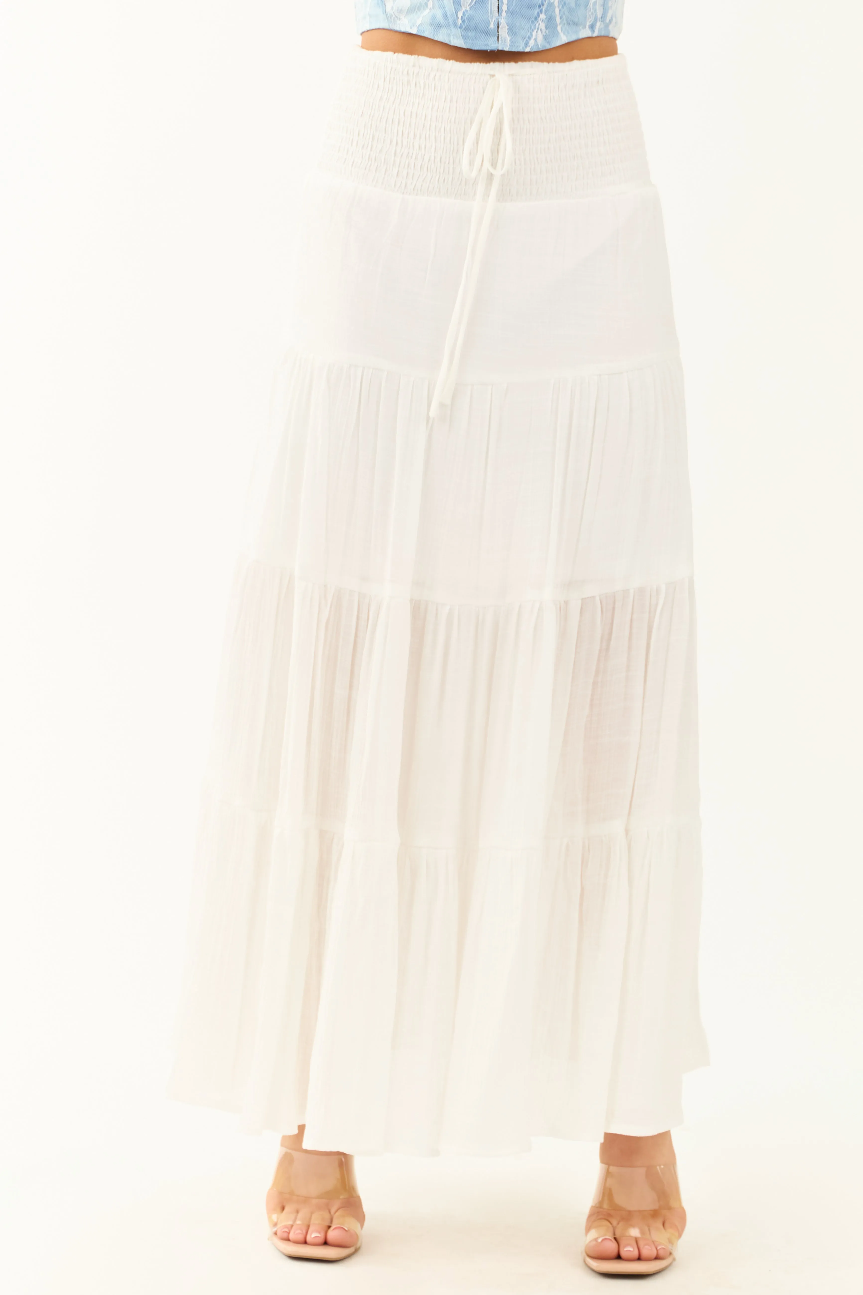 Ivory Tiered Smocked Drawstring Waist Maxi Skirt sold by Lime Lush product image thumbnail 2