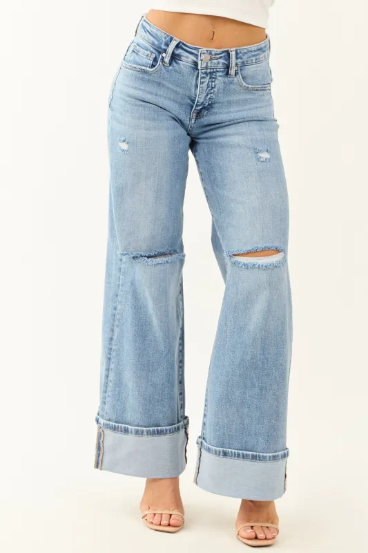 Risen Tummy Control Stretchy Wide Leg Cuffed Jeans sold by Lime Lush