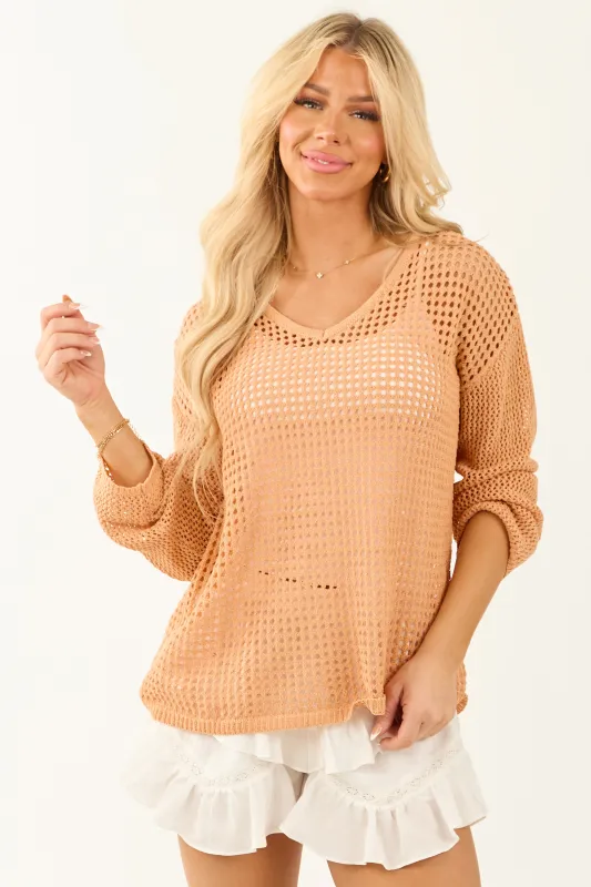 Deep Melon Open Crochet V Neck Long Sleeve Top sold by Lime Lush