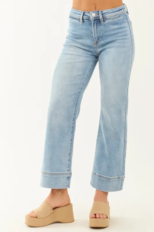 Risen Light Wash Stretchy Wide Leg Banded Hem Jeans sold by Lime Lush