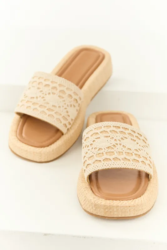 Vanilla Crochet Strap Raffia Platform Slip On Sandals sold by Lime Lush