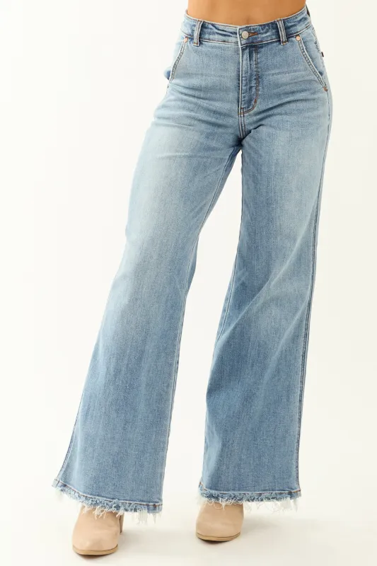 Judy Blue Stretchy Frayed Hem Wide Leg Jeans sold by Lime Lush