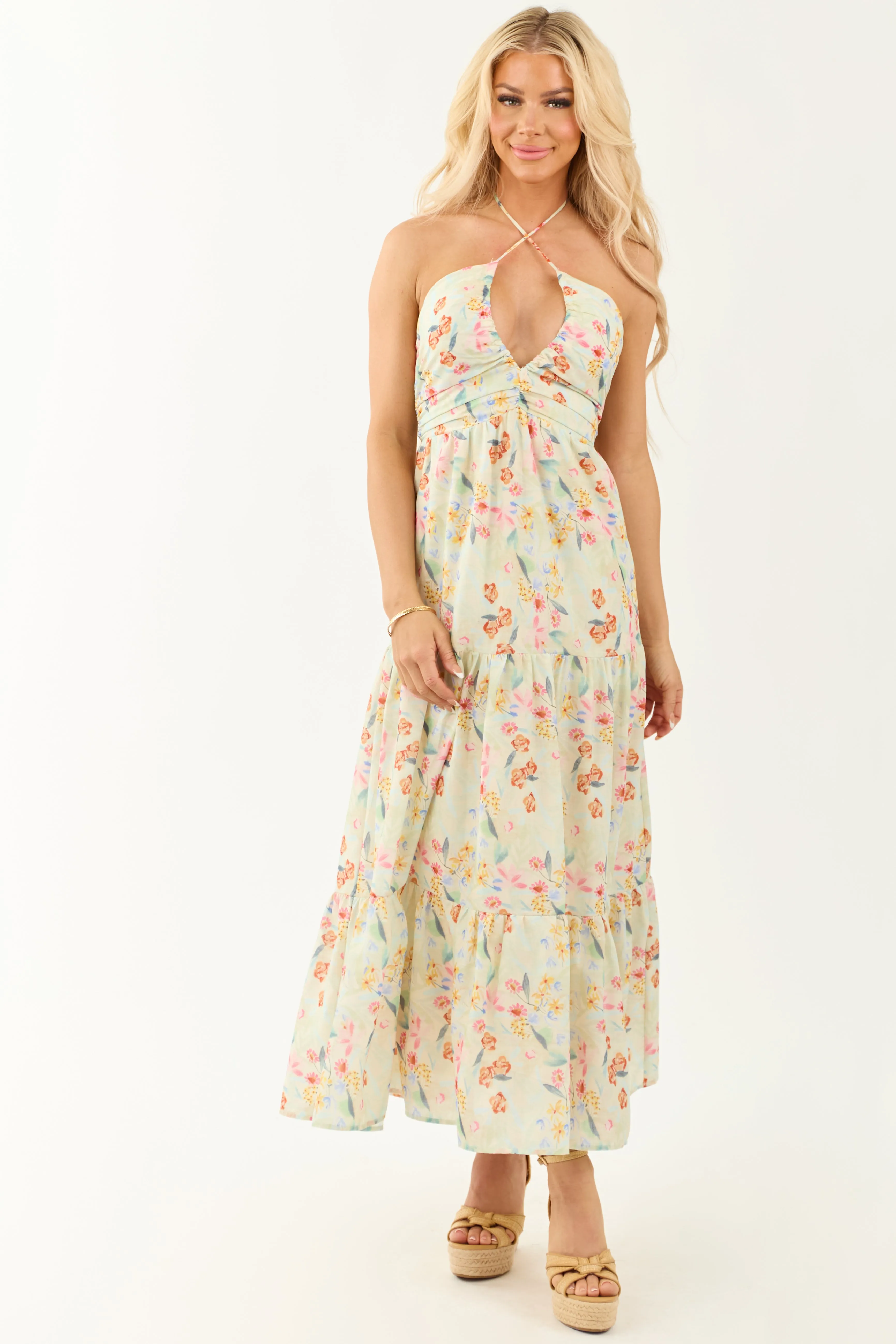 Sage Floral Print Halter Neck Sleeveless Maxi Dress sold by Lime Lush product image thumbnail 2