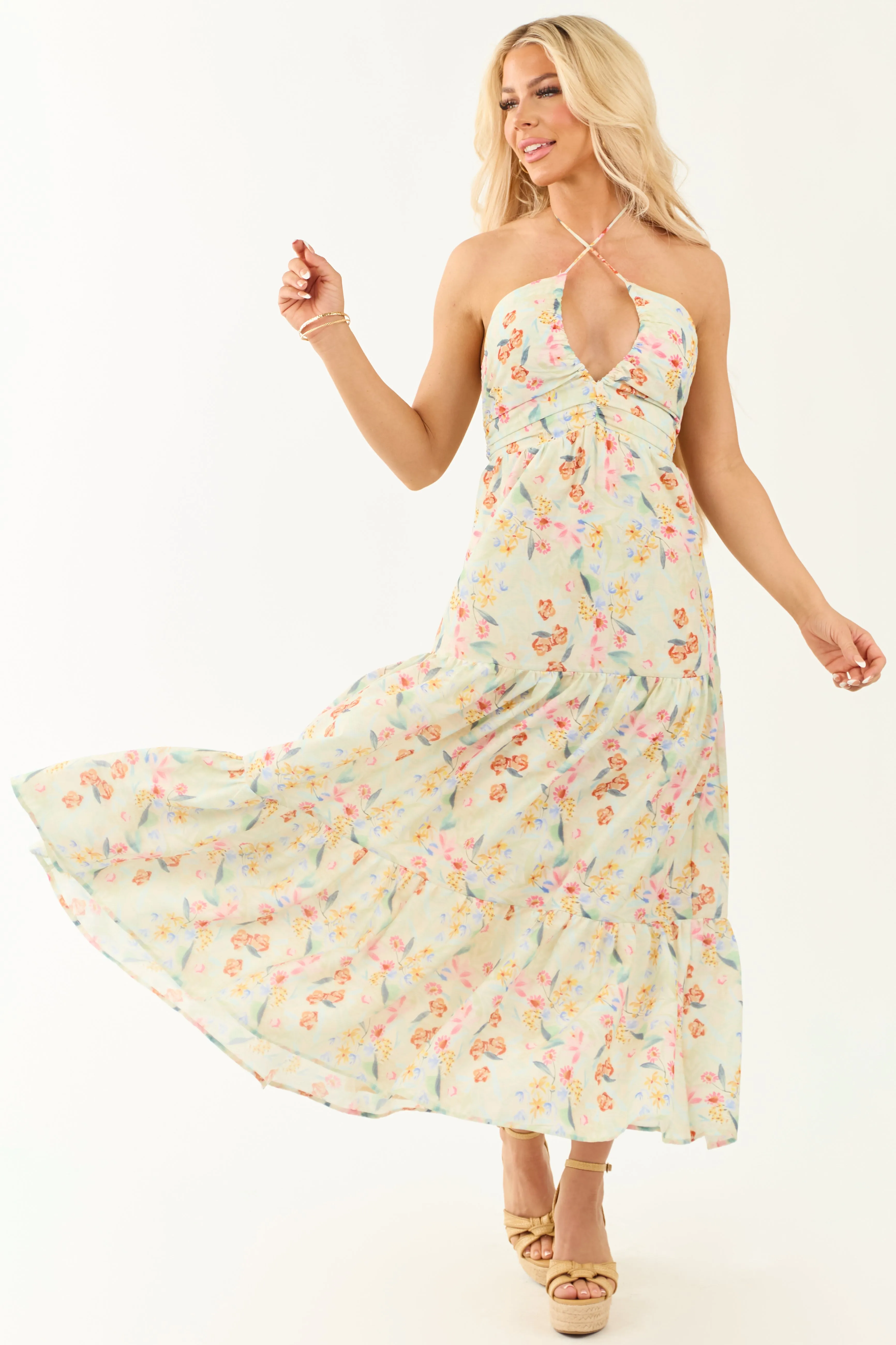 Sage Floral Print Halter Neck Sleeveless Maxi Dress sold by Lime Lush product image thumbnail 3