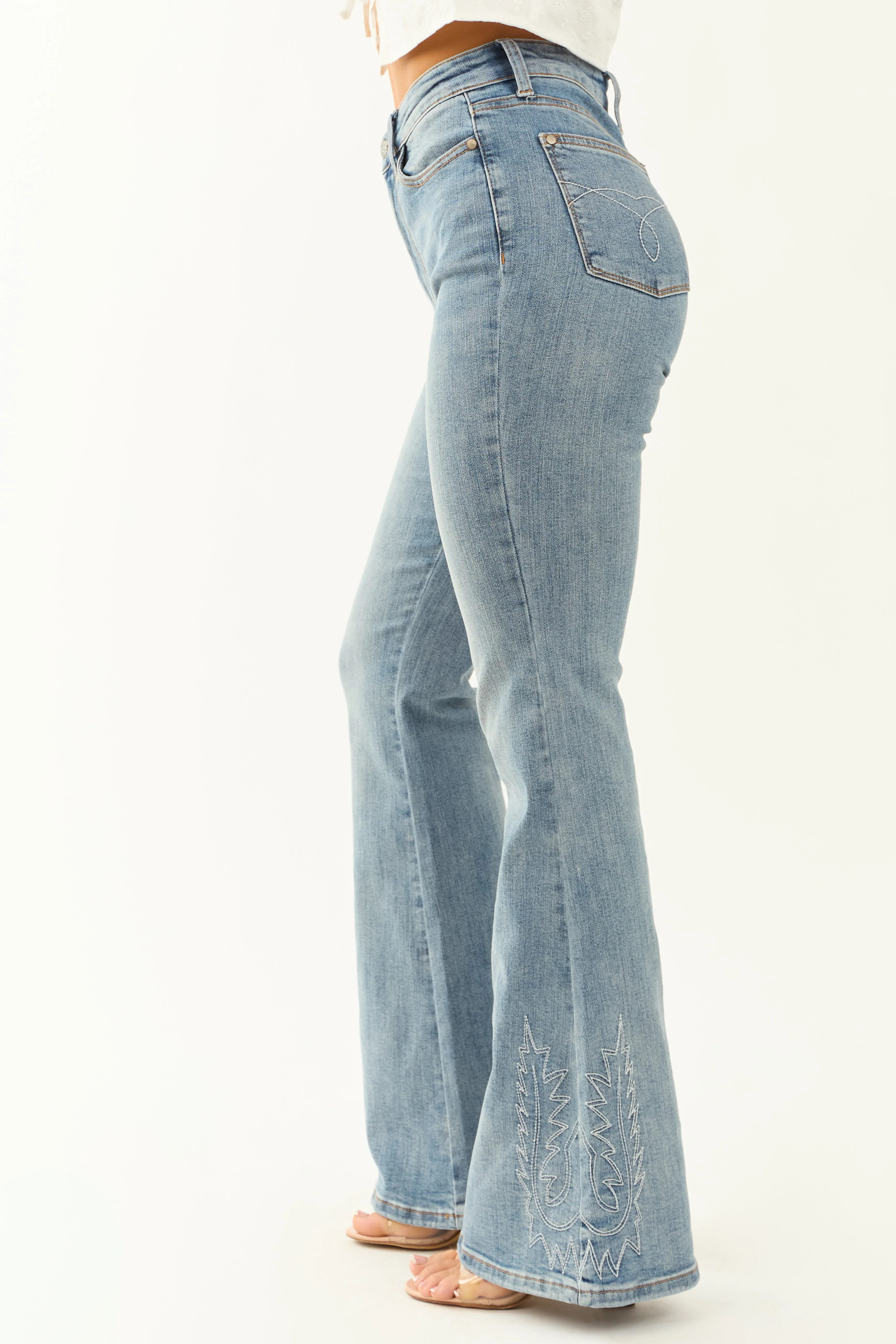 Judy Blue Light Wash Stretchy Embroidery Flare Jeans sold by Lime Lush