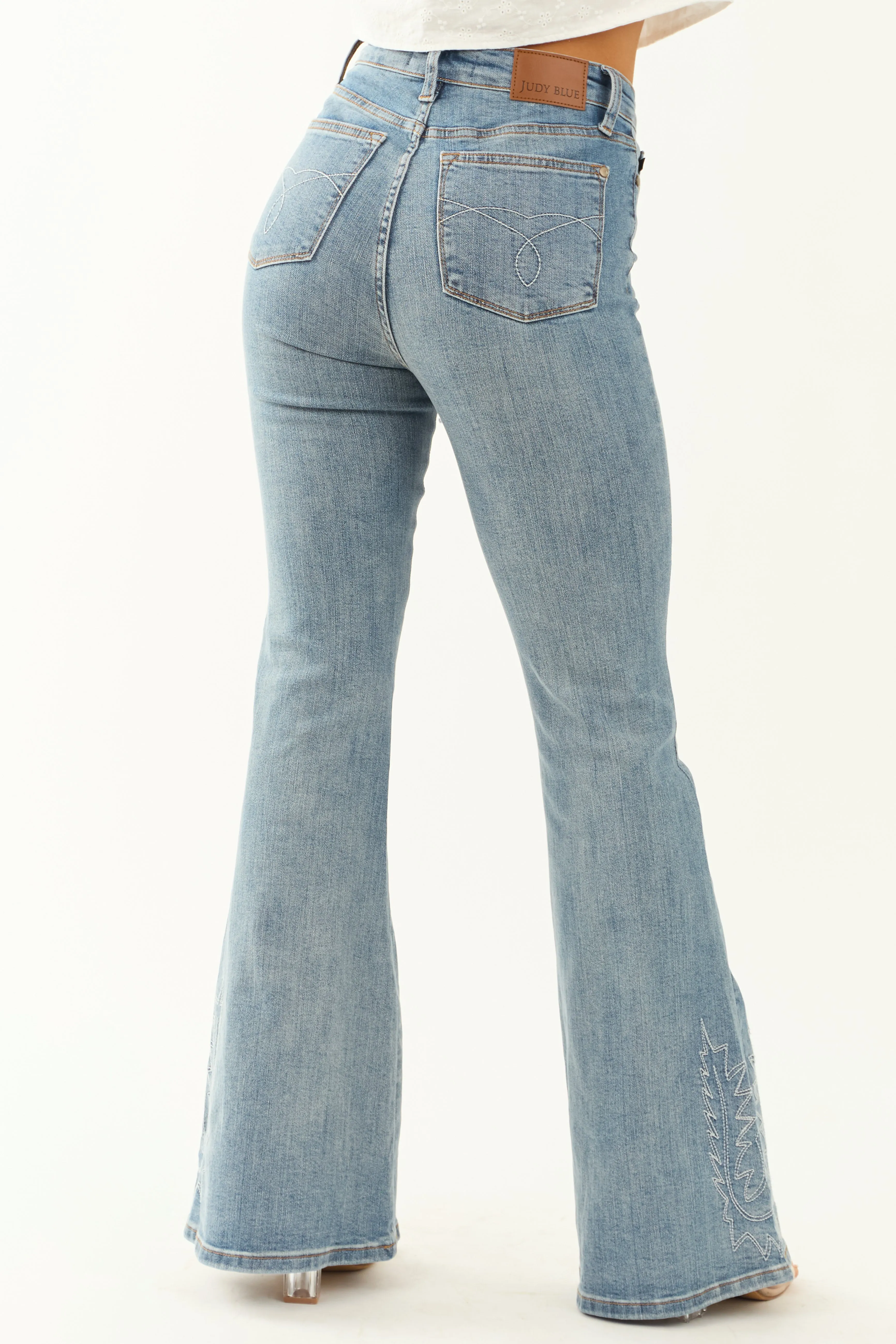 Judy Blue Light Wash Stretchy Embroidery Flare Jeans sold by Lime Lush product image thumbnail 4