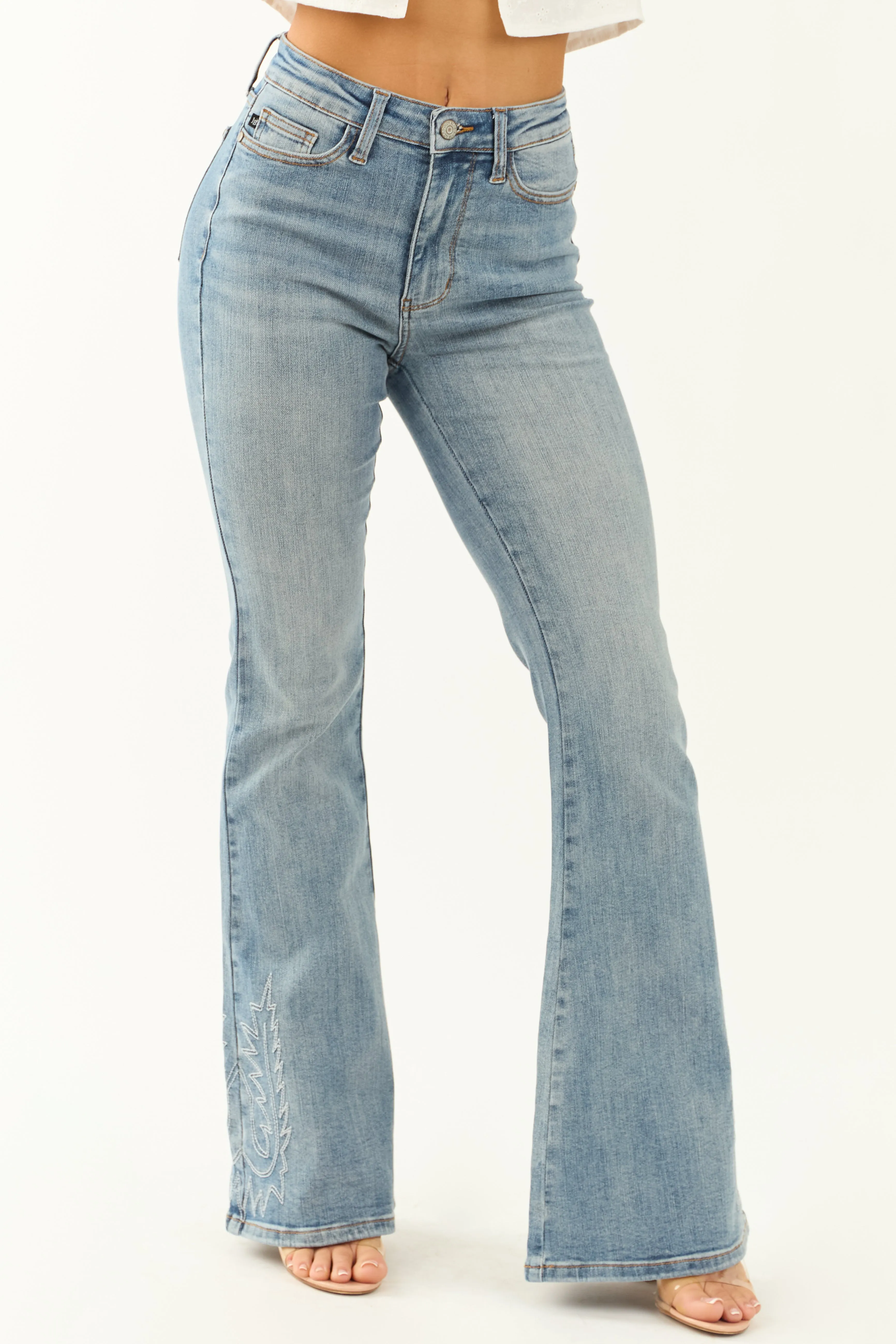Judy Blue Light Wash Stretchy Embroidery Flare Jeans sold by Lime Lush product image thumbnail 2