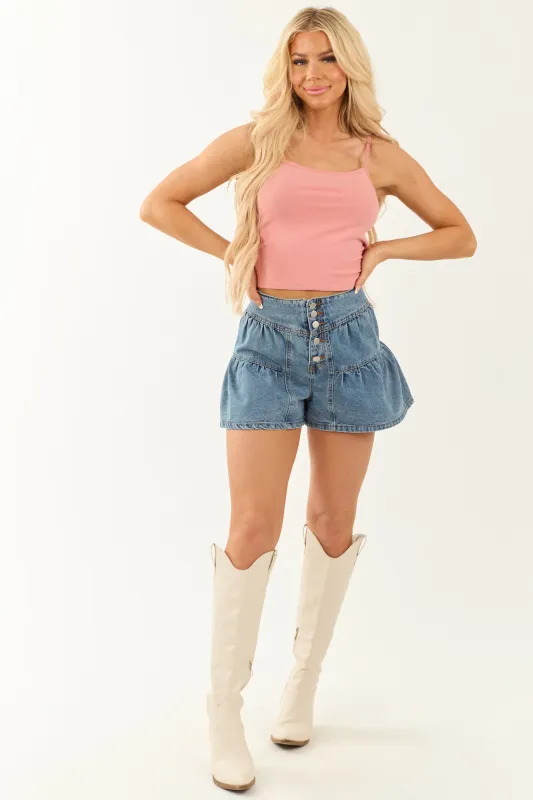 Medium Wash Denim High Waisted Flare Button Shorts sold by Lime Lush