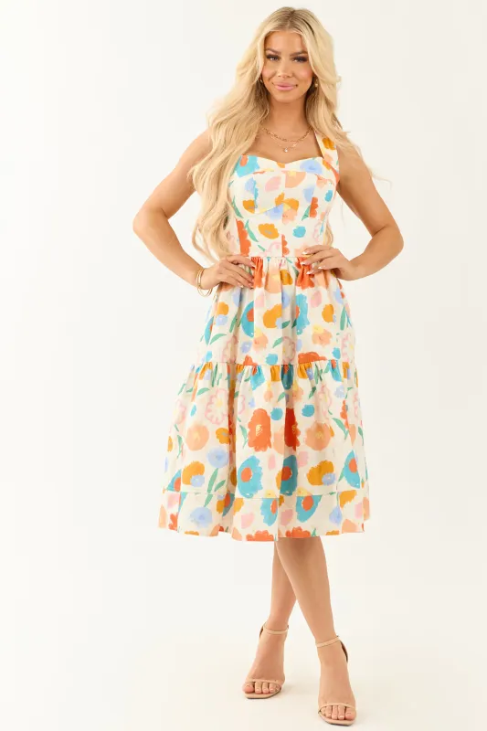 Cream Colorful Floral Print Sleeveless Midi Dress sold by Lime Lush