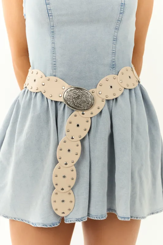 Ivory Embossed Oval Disc Link Faux Leather Belt sold by Lime Lush