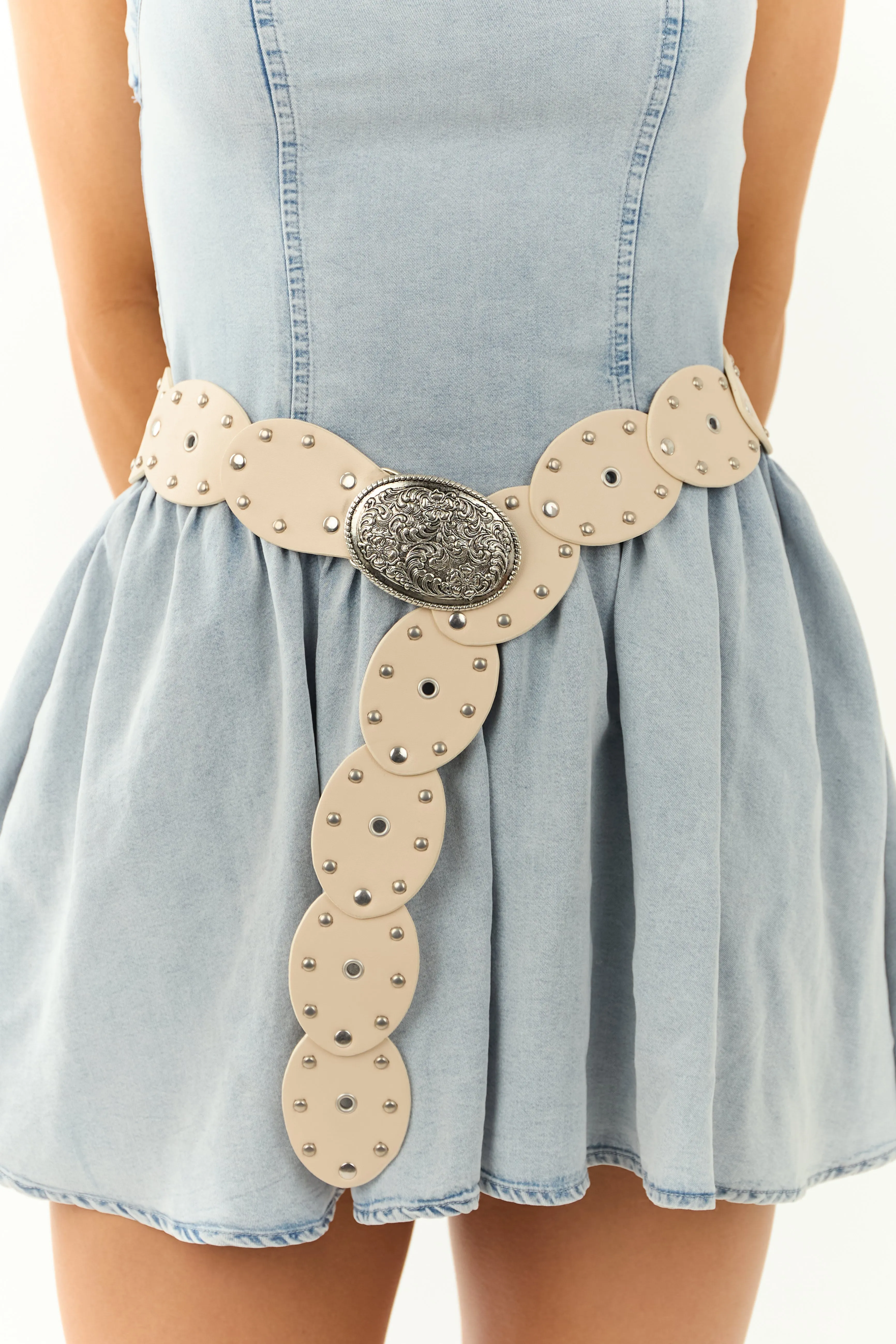 Ivory Embossed Oval Disc Link Faux Leather Belt sold by Lime Lush