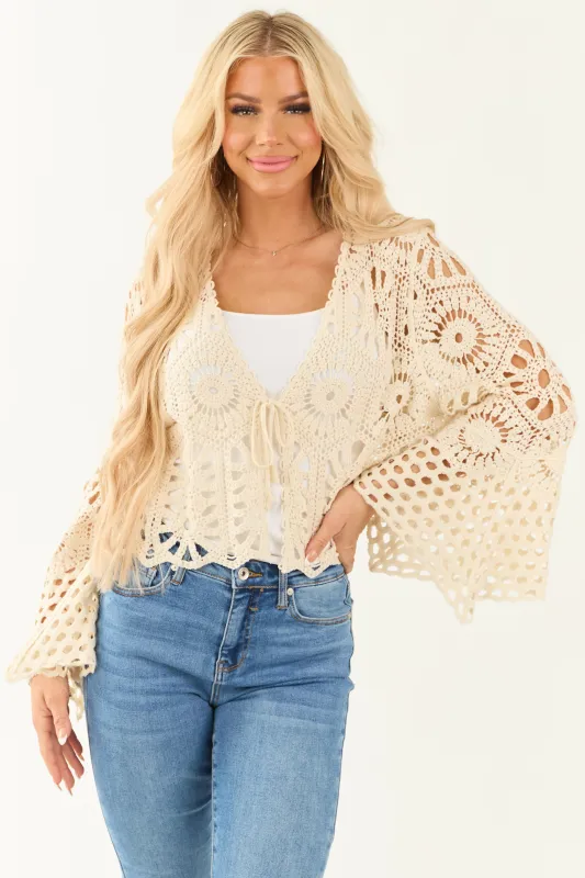 Cream Crochet Deep V Tie Front Cardigan sold by Lime Lush