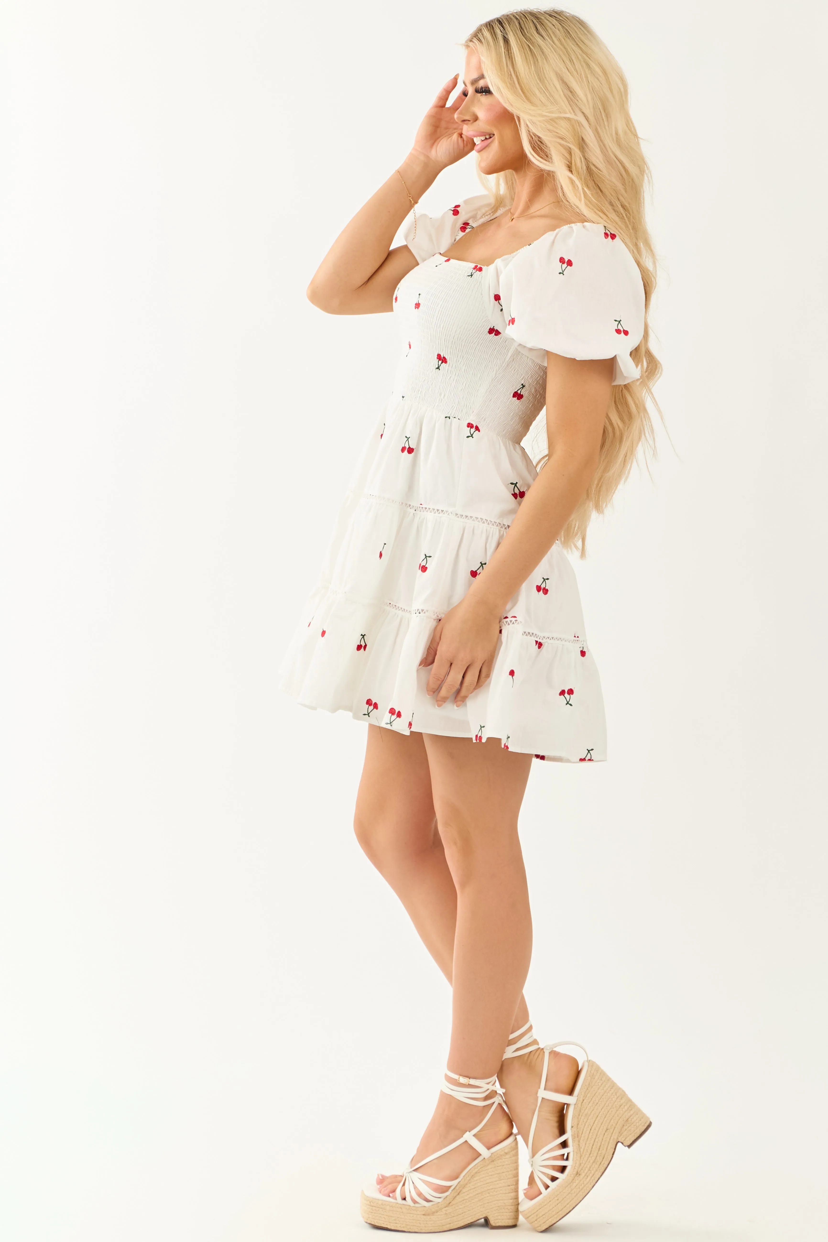 Flying Tomato Off White Cherry Embroidered Mini Dress sold by Lime Lush product image thumbnail 4