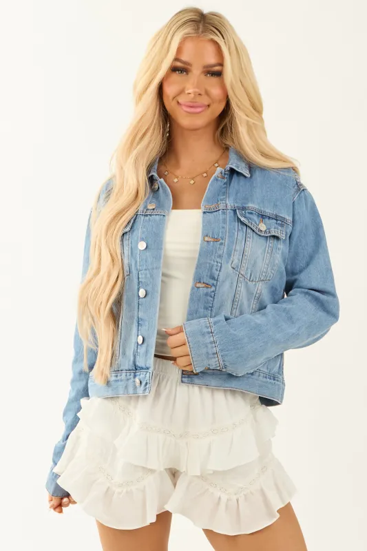Medium Wash Button Up Long Sleeve Soft Denim Jacket sold by Lime Lush