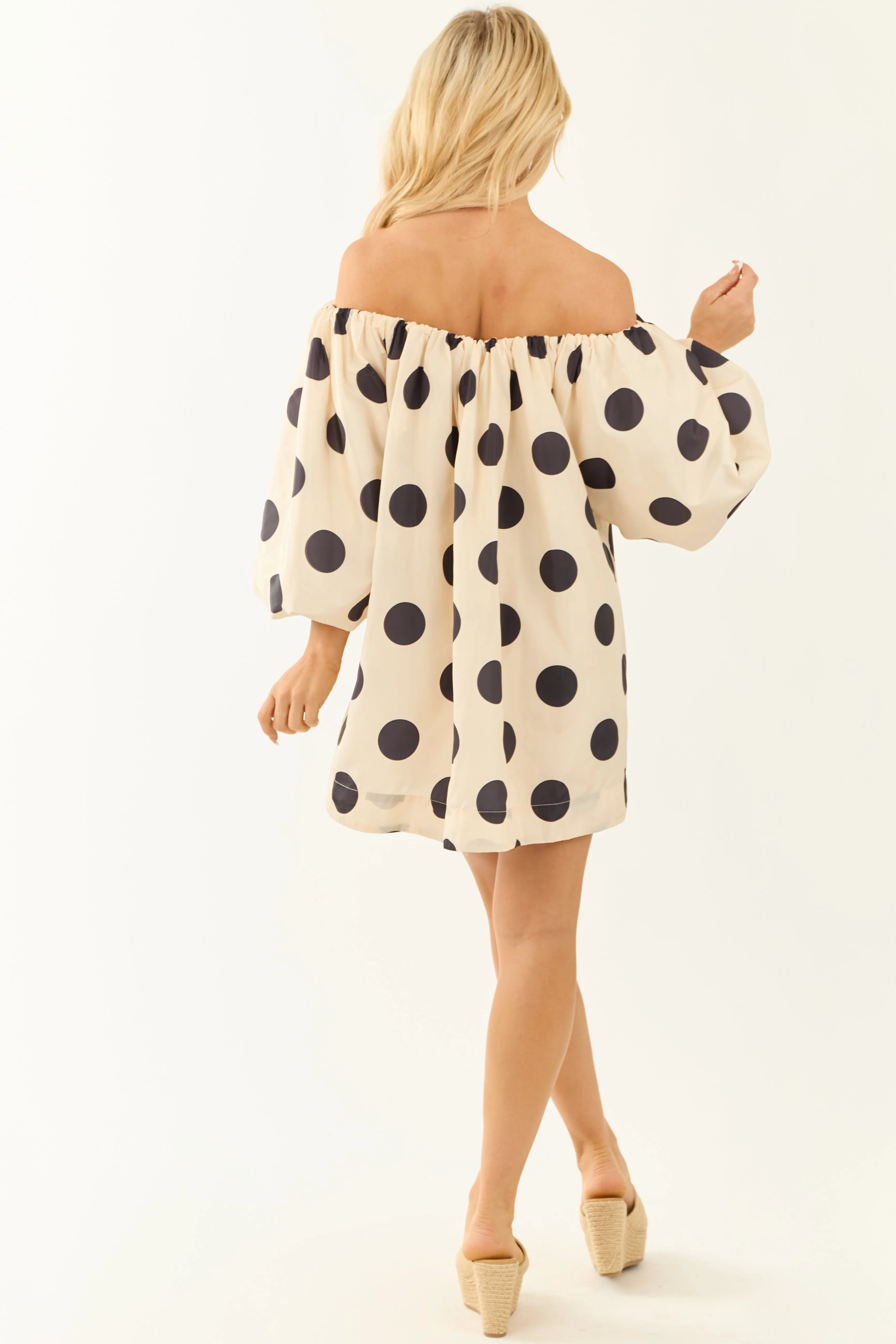 Cream Polka Dot Puff Sleeve Off Shoulder Mini Dress sold by Lime Lush product image thumbnail 5
