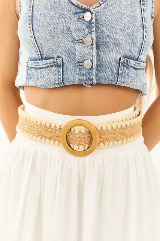Camel Wooden Buckle Embroidered Fashion Belt sold by Lime Lush