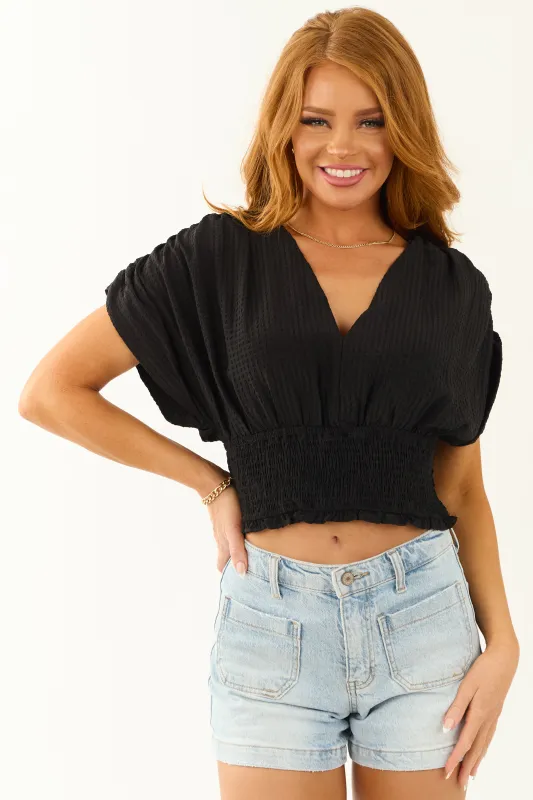 Black Smocked V Neckline Half Sleeve Waffle Blouse sold by Lime Lush