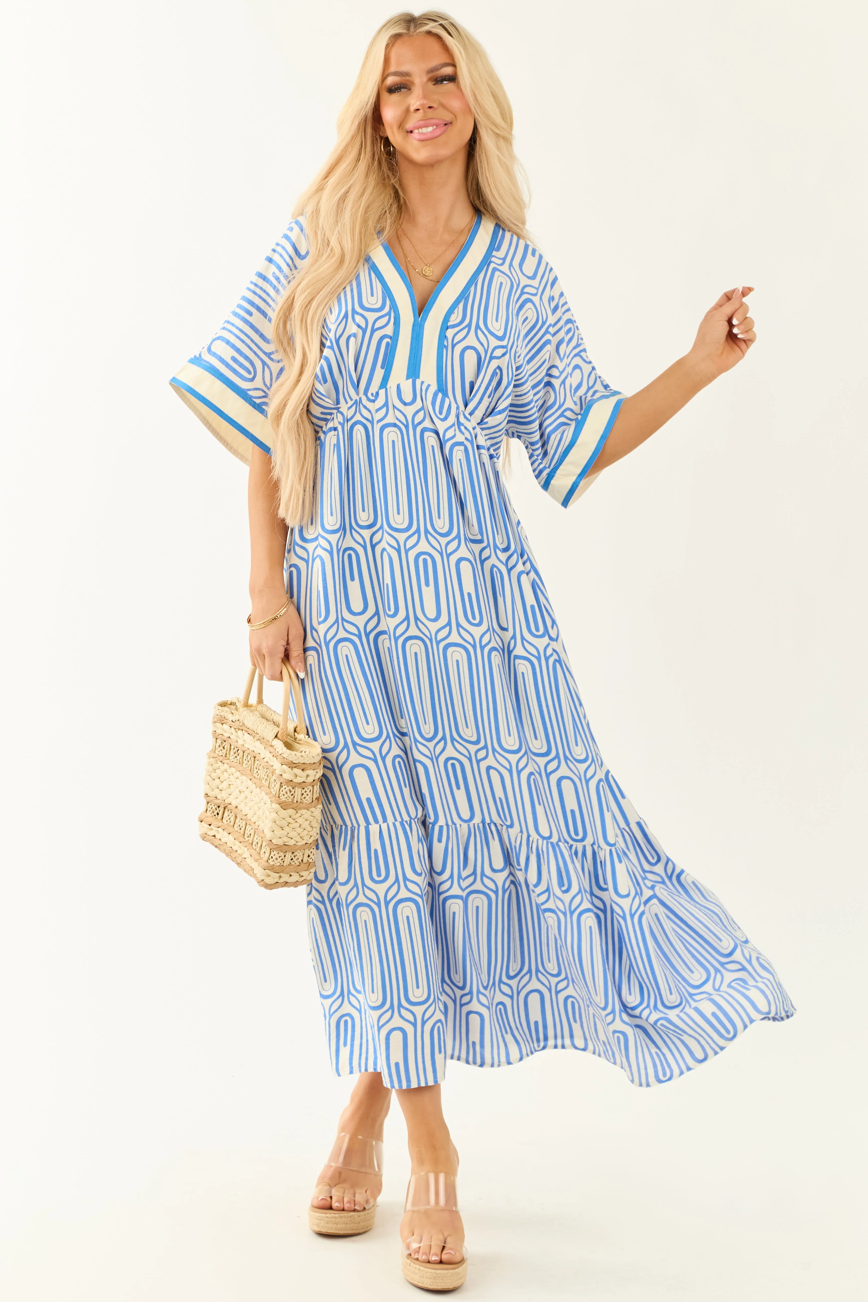 Sapphire and White V Neckline Tiered Maxi Dress sold by Lime Lush product image thumbnail 2