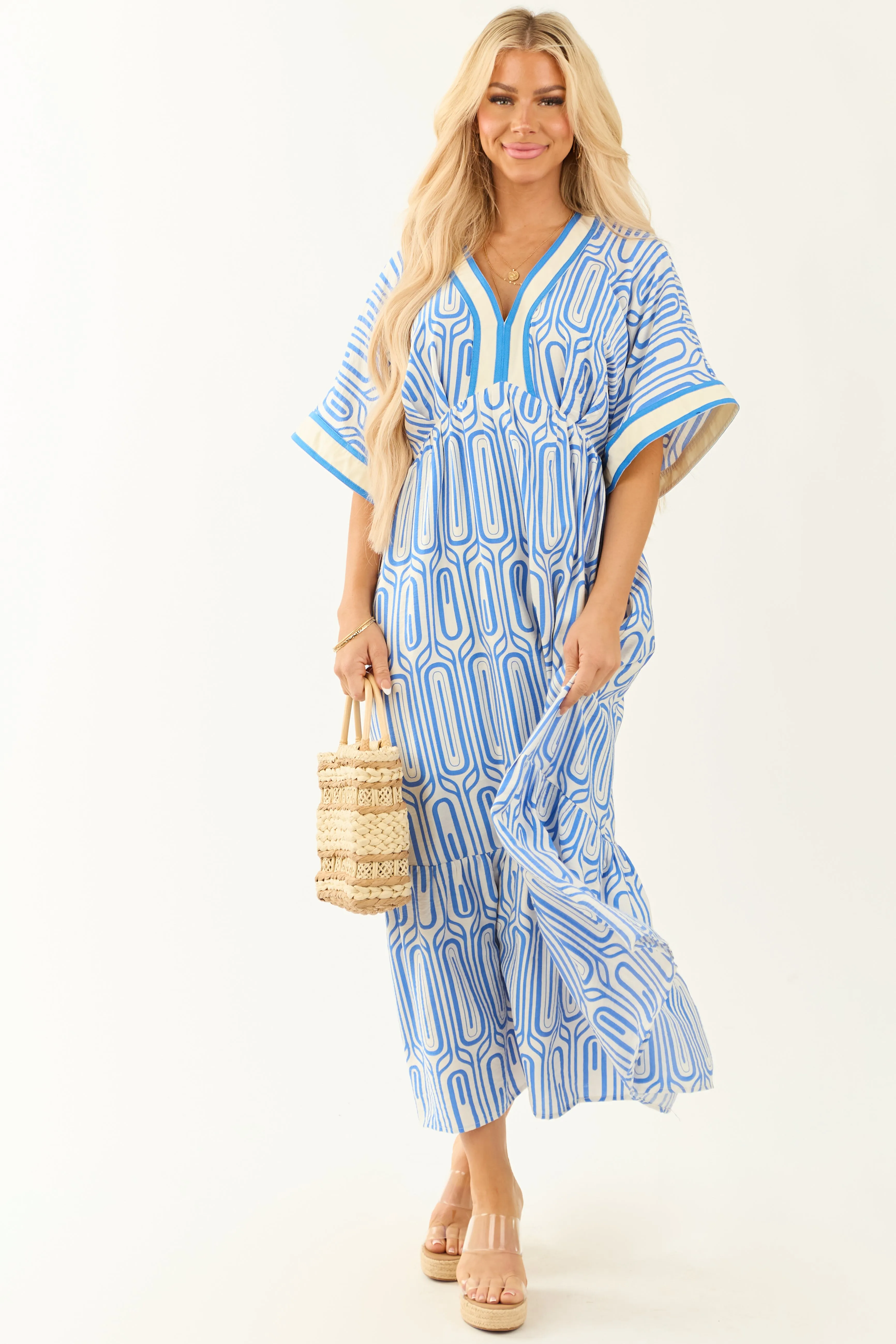 Sapphire and White V Neckline Tiered Maxi Dress sold by Lime Lush