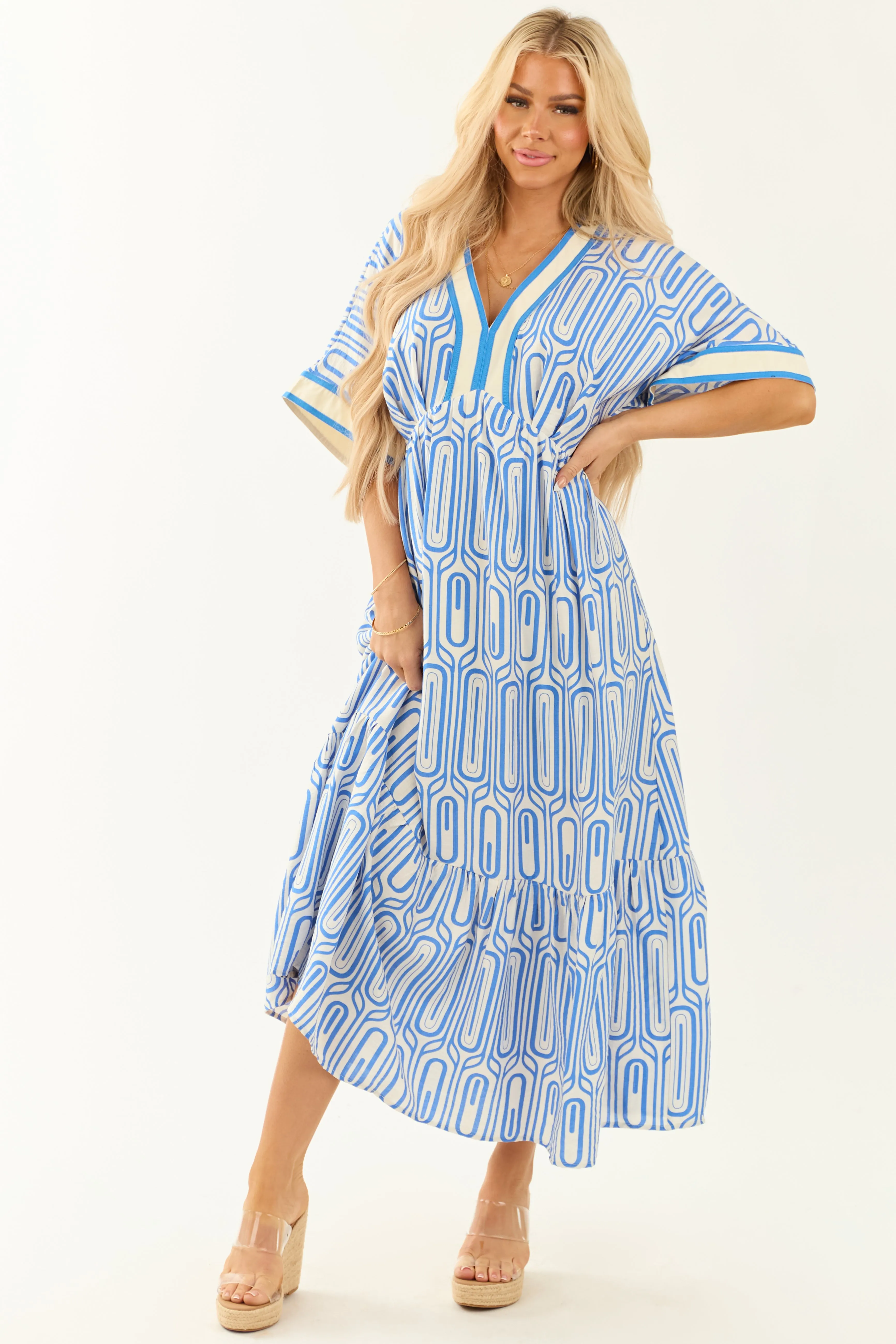 Sapphire and White V Neckline Tiered Maxi Dress sold by Lime Lush product image thumbnail 3