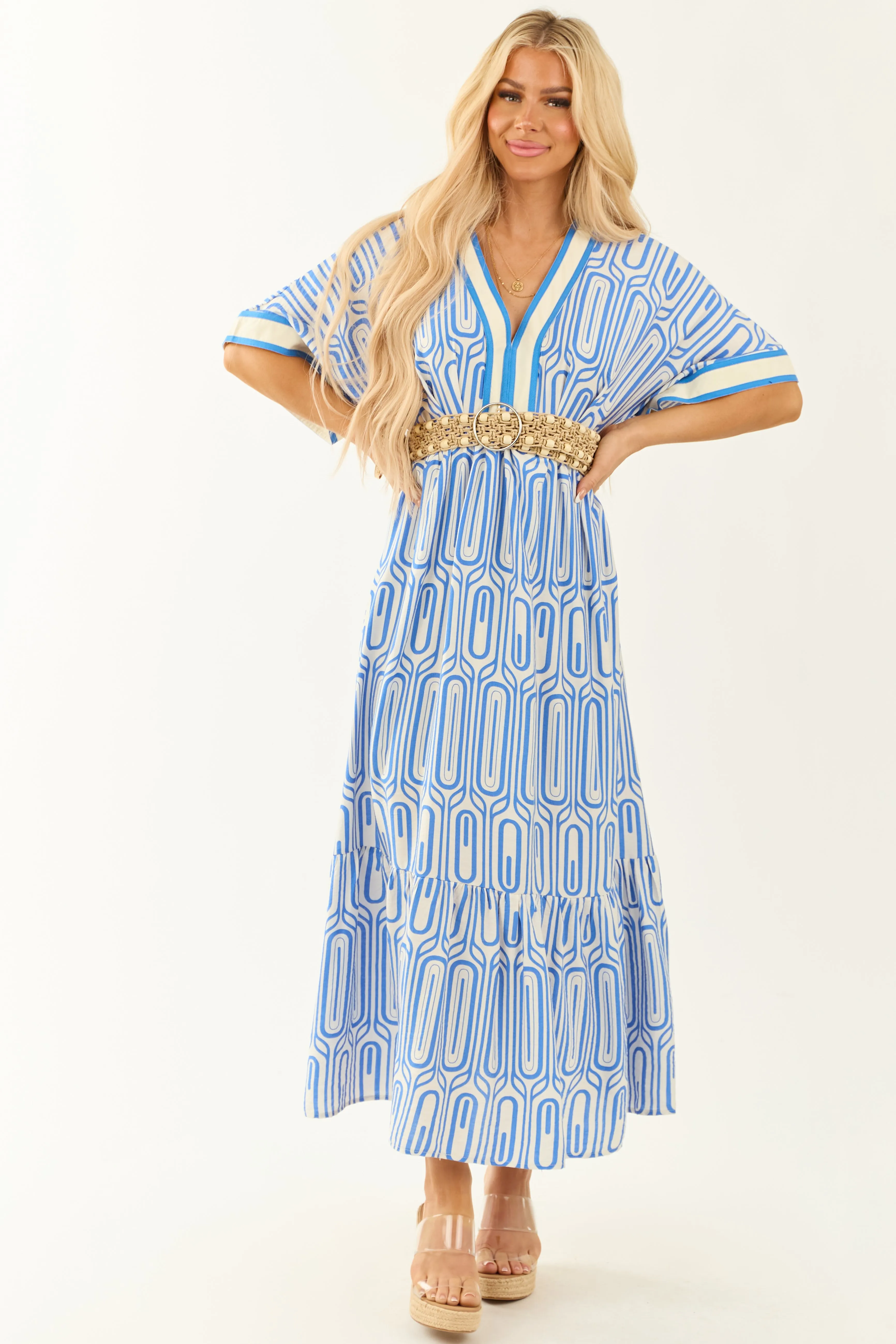 Sapphire and White V Neckline Tiered Maxi Dress sold by Lime Lush product image thumbnail 5