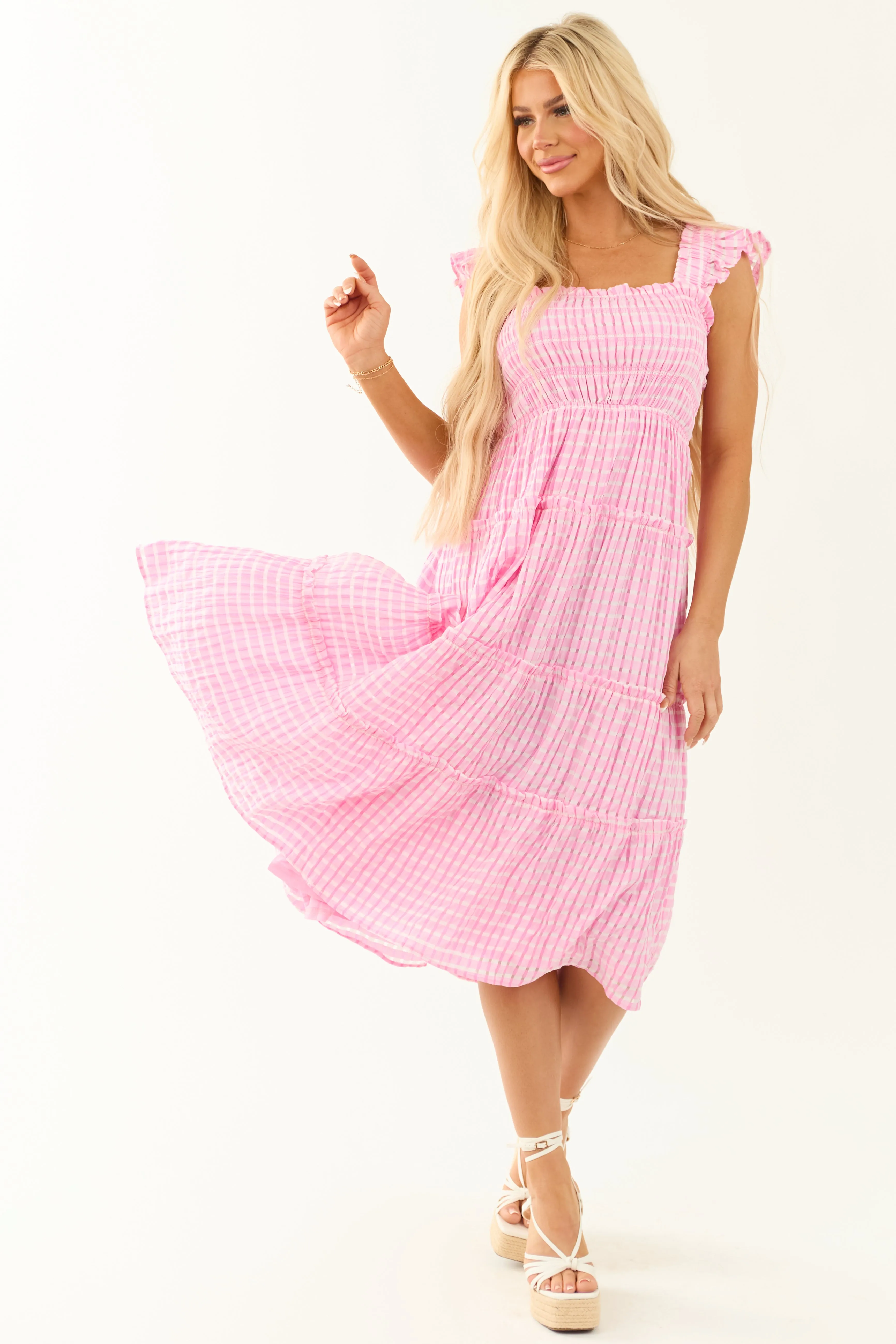 Carnation Gingham Ruffle Strap Tiered Midi Dress sold by Lime Lush product image thumbnail 3