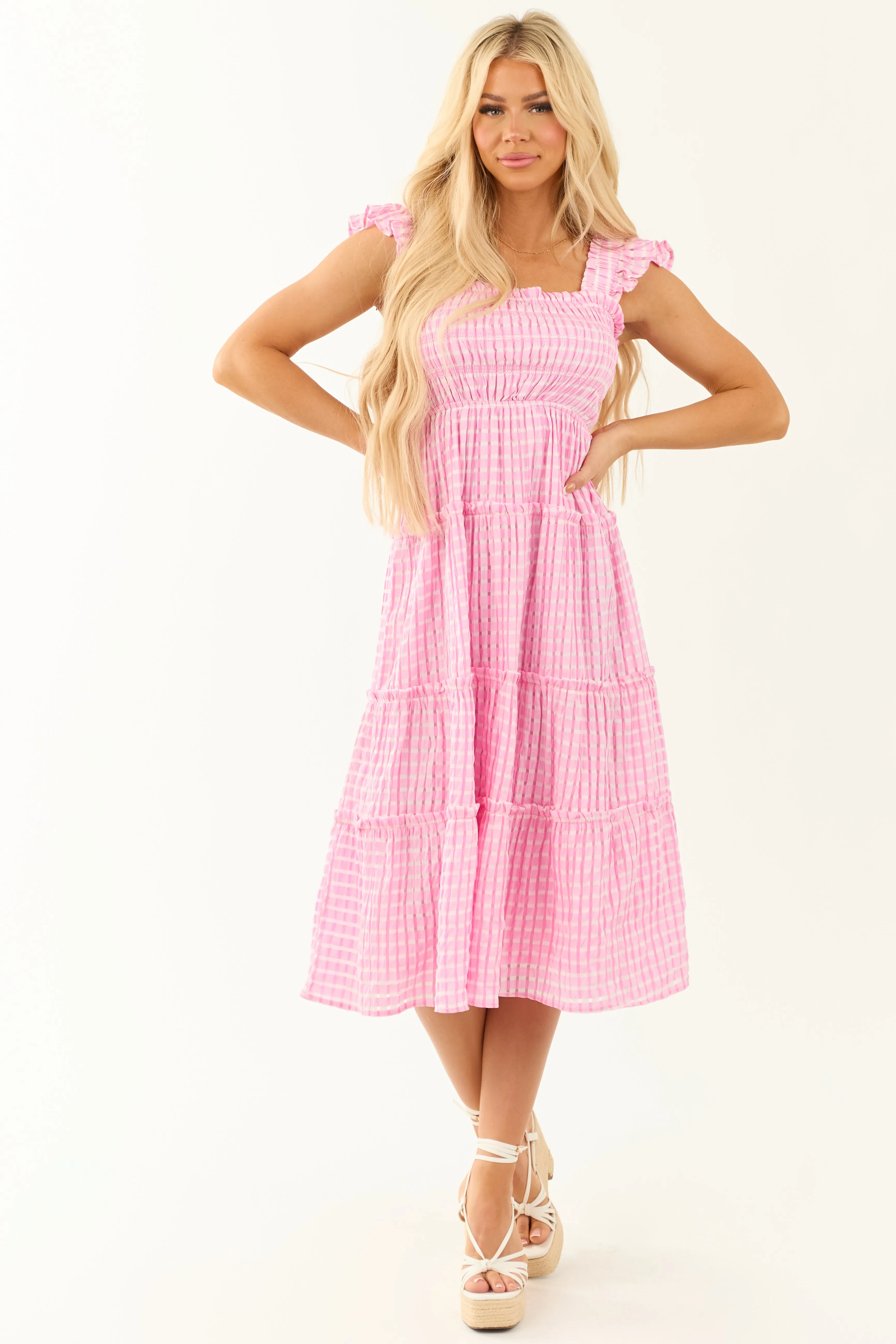 Carnation Gingham Ruffle Strap Tiered Midi Dress sold by Lime Lush product image thumbnail 2