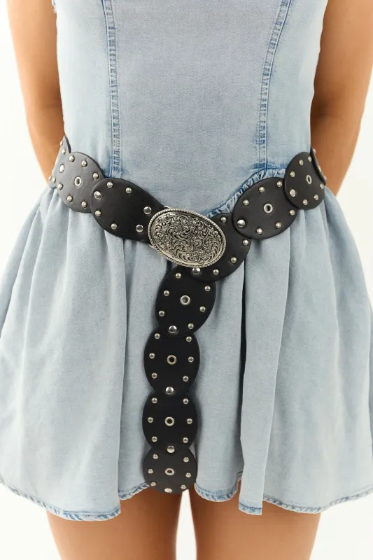 Black Embossed Oval Disc Link Faux Leather Belt sold by Lime Lush