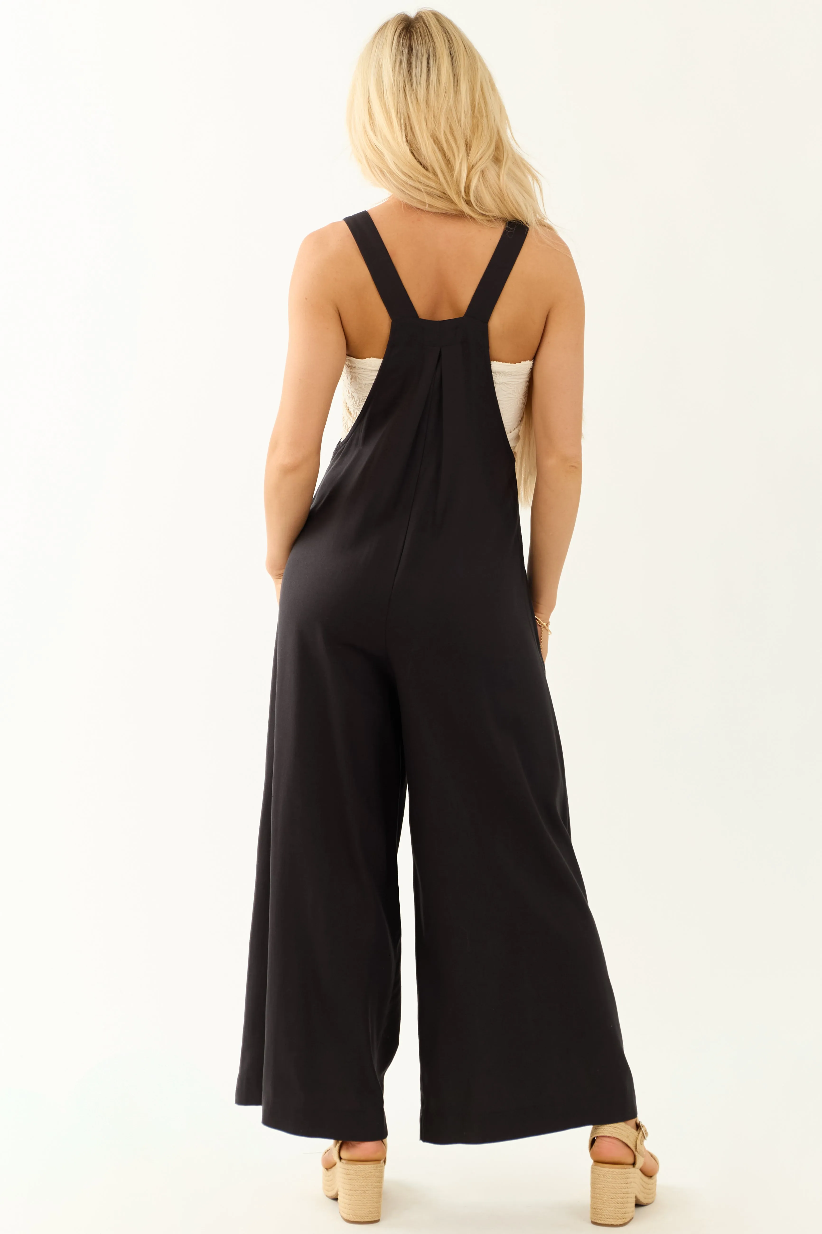 Black Linen Wide Leg Overalls Jumpsuit sold by Lime Lush product image thumbnail 5