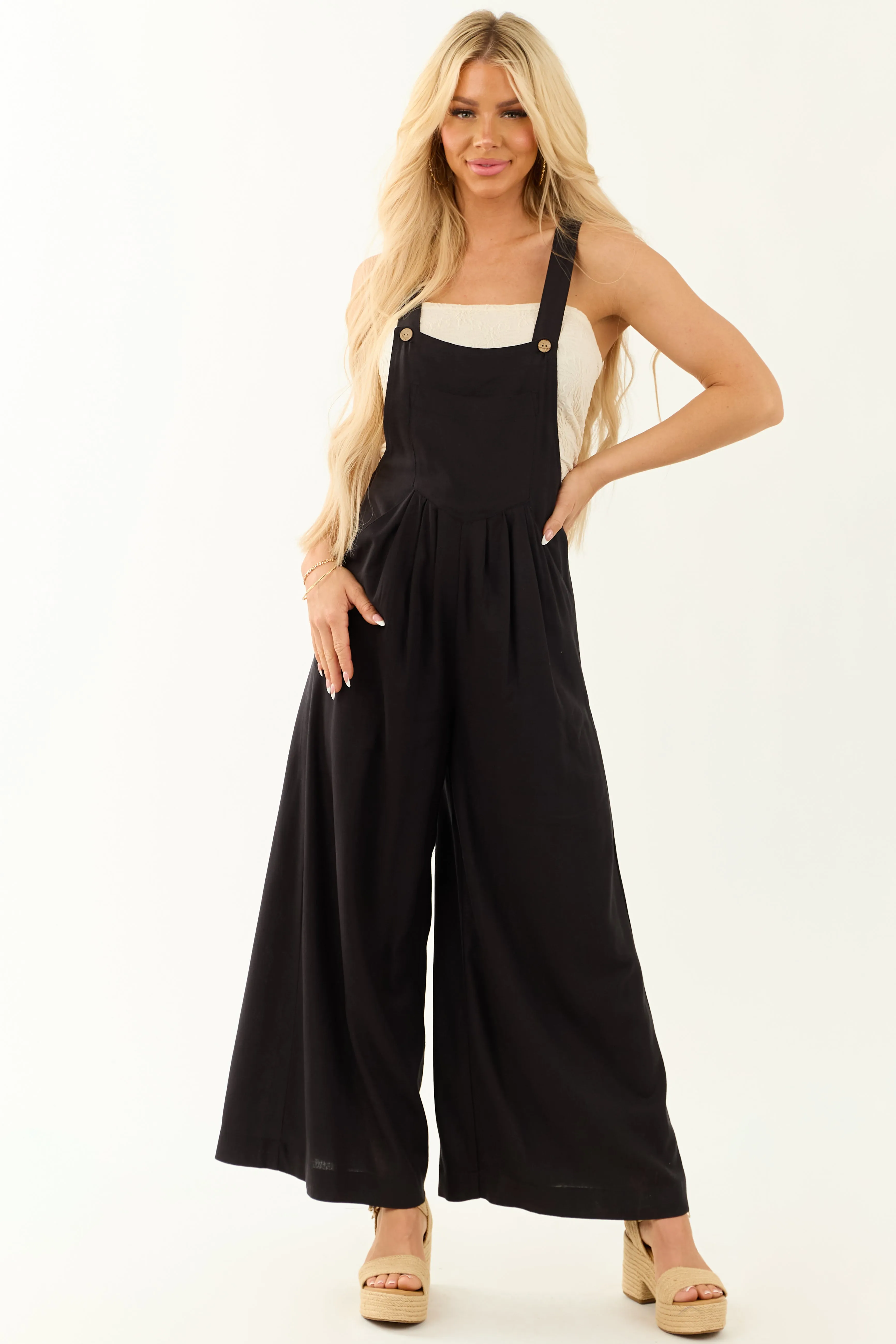 Black Linen Wide Leg Overalls Jumpsuit sold by Lime Lush product image thumbnail 2
