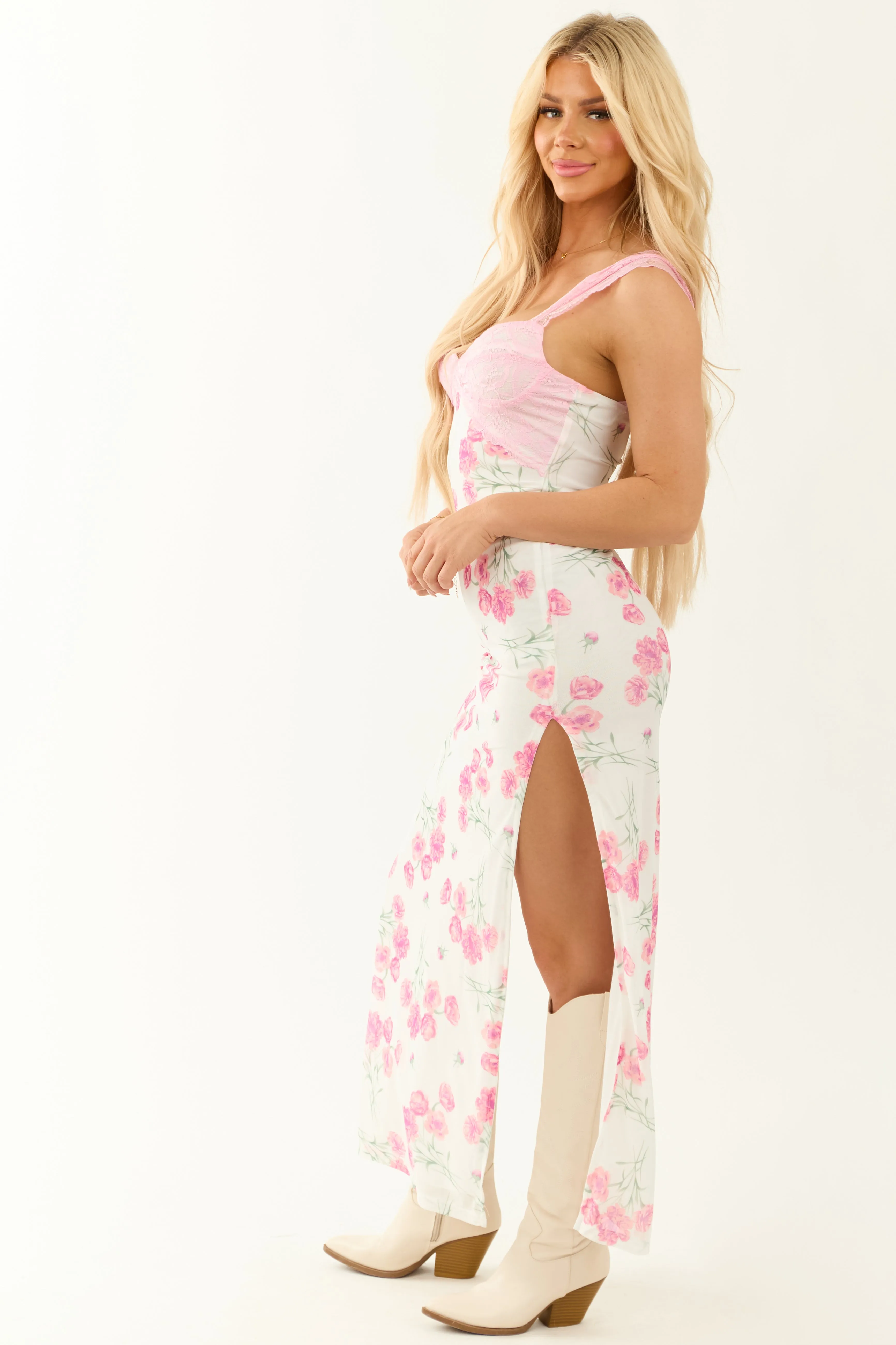 Ivory Floral Print Lace Bust Mesh Maxi Dress sold by Lime Lush product image thumbnail 4