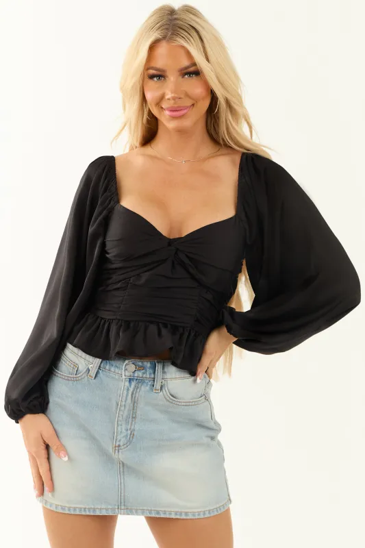 Black Satin Long Sleeve Peplum Top Twist Blouse sold by Lime Lush
