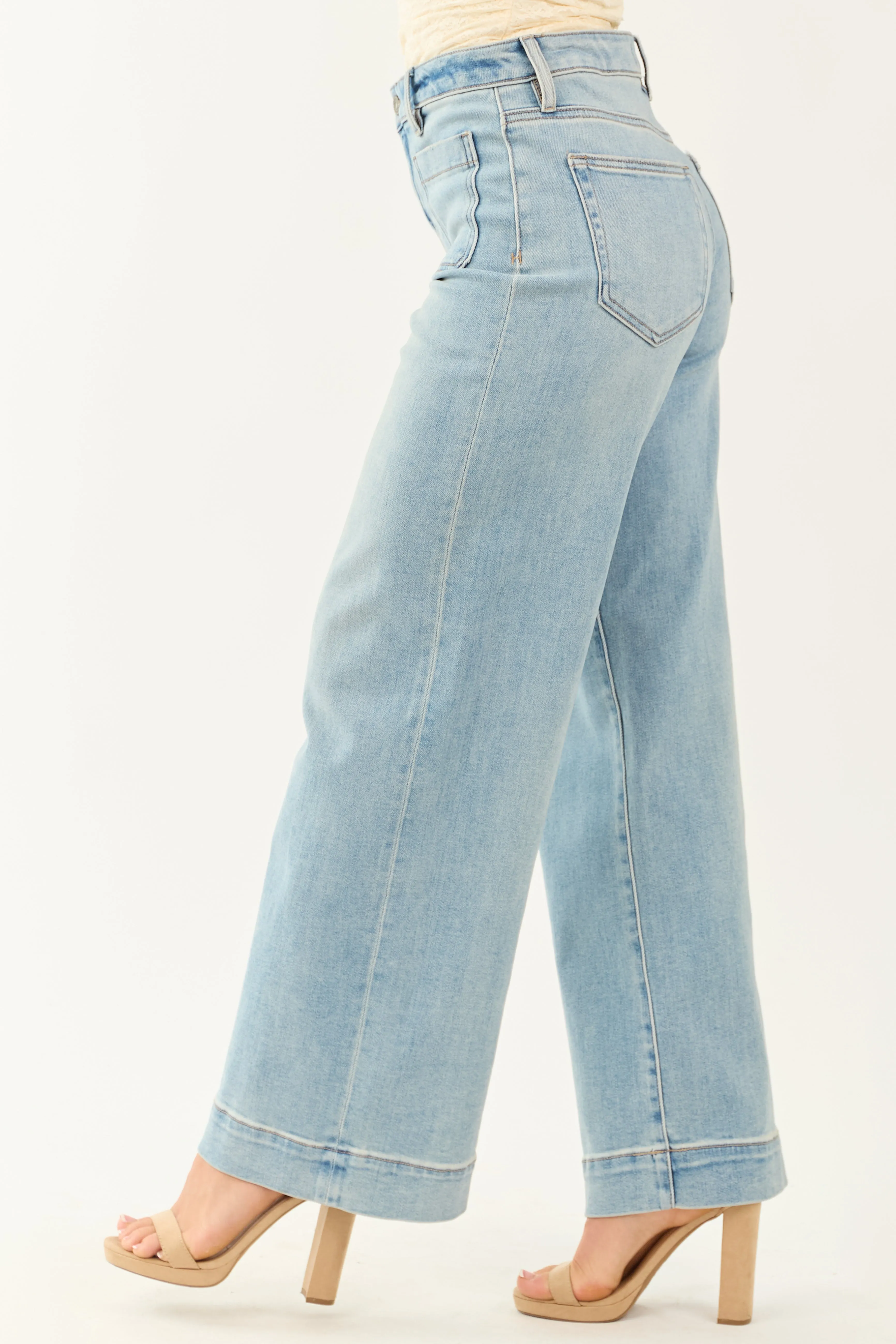 Hidden Light Wash Patch Pocket Stretchy Wide Leg Jeans sold by Lime Lush product image thumbnail 3