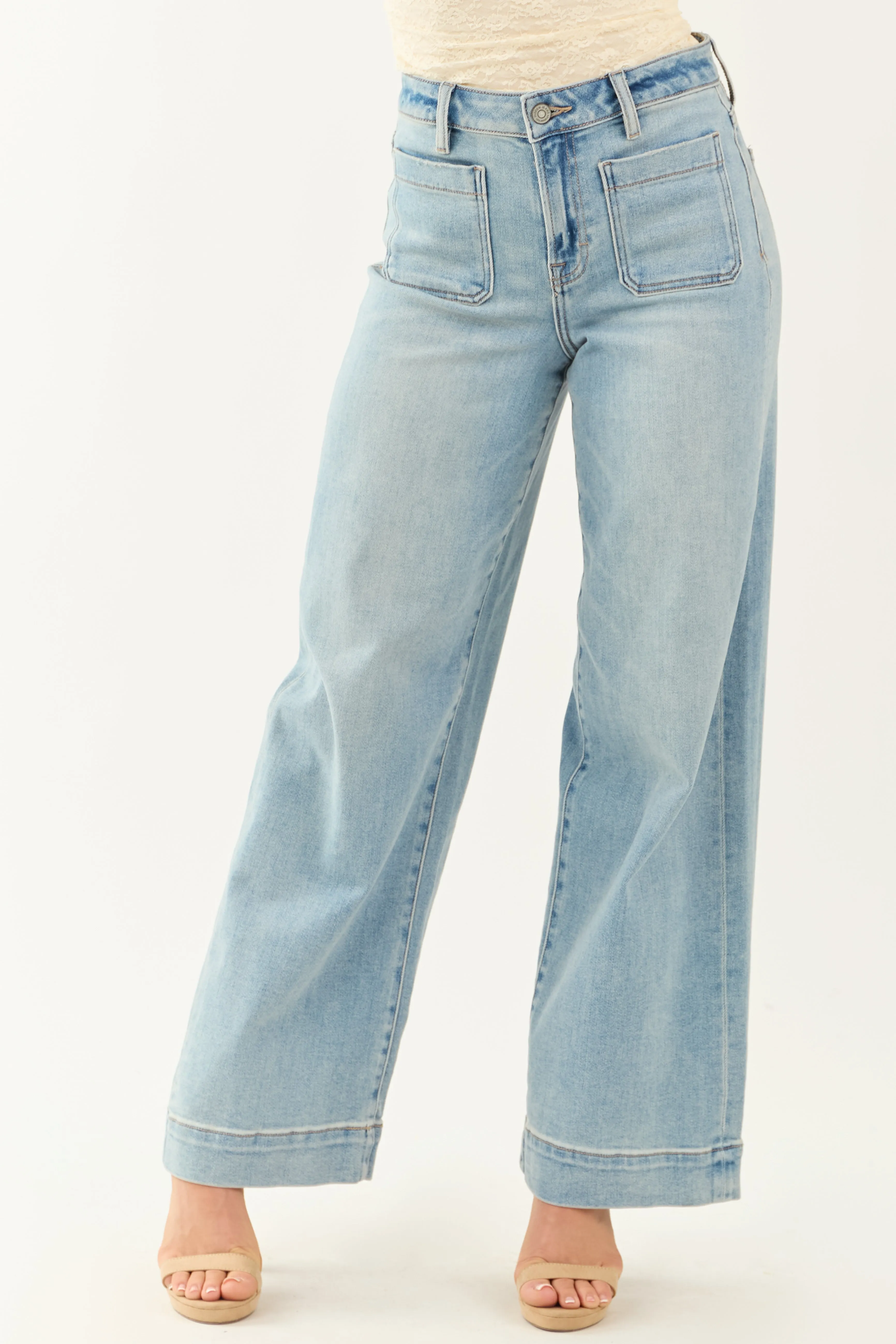 Hidden Light Wash Patch Pocket Stretchy Wide Leg Jeans sold by Lime Lush