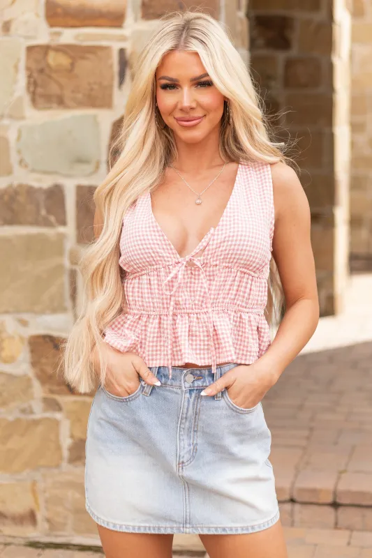 Watermelon and White Gingham Deep V Peplum Top sold by Lime Lush