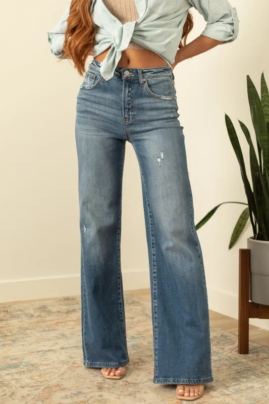 Risen Medium Wash Lightly Distressed Wide Leg Jeans sold by Lime Lush