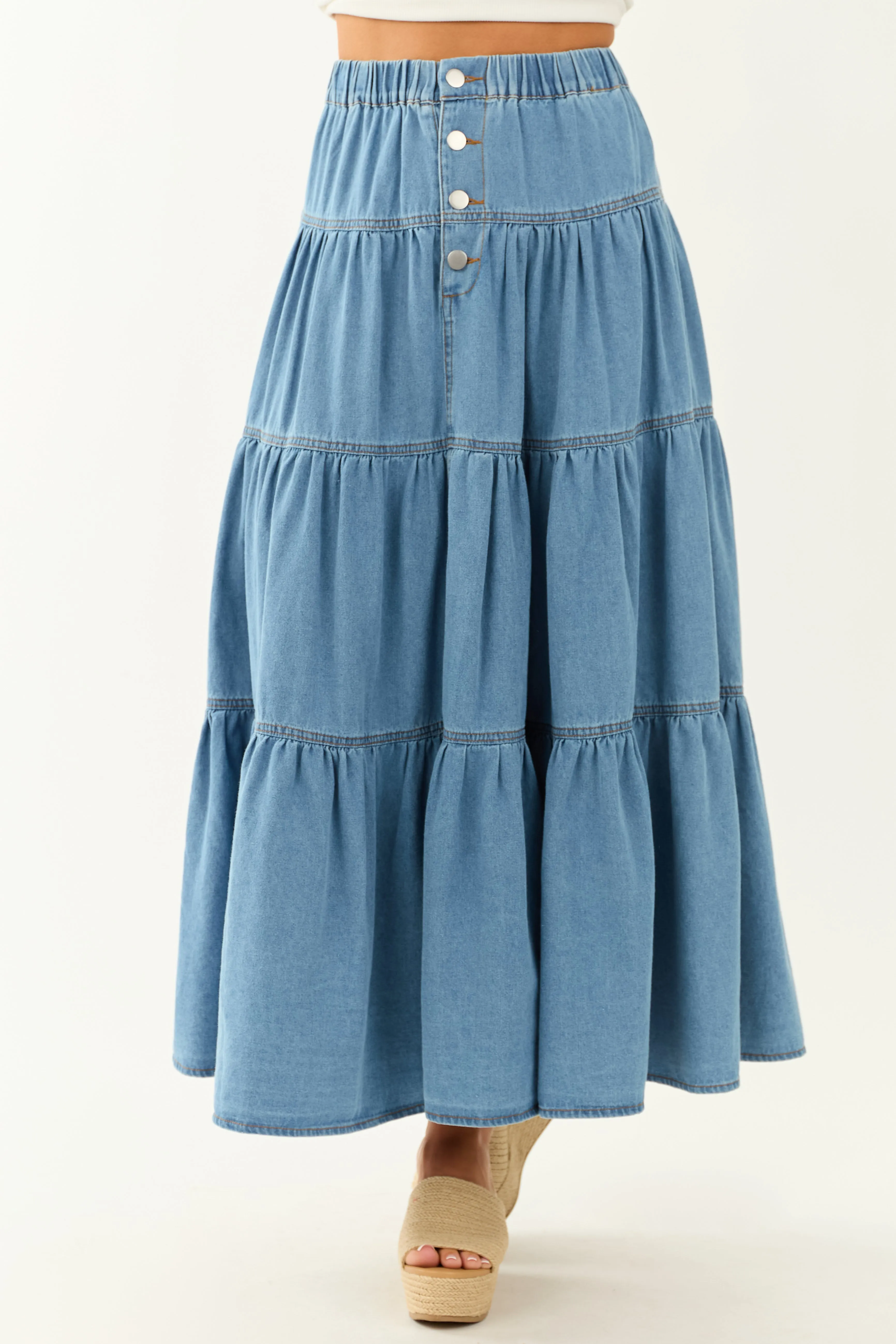 Medium Wash Chambray Denim Flowy Maxi Skirt sold by Lime Lush product image thumbnail 2