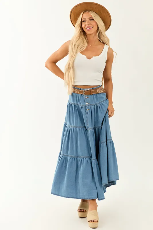 Medium Wash Chambray Denim Flowy Maxi Skirt sold by Lime Lush