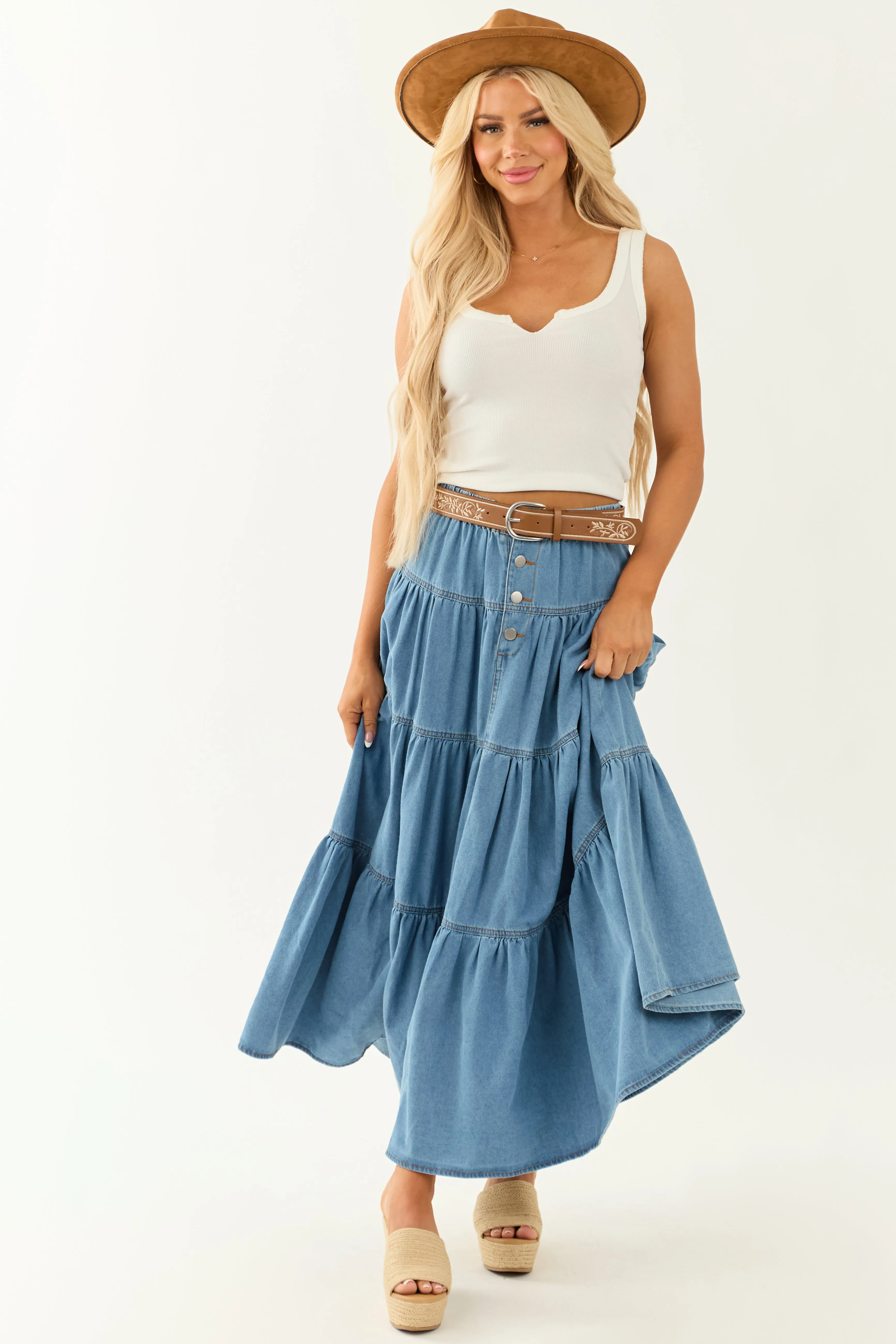 Medium Wash Chambray Denim Flowy Maxi Skirt sold by Lime Lush product image thumbnail 5