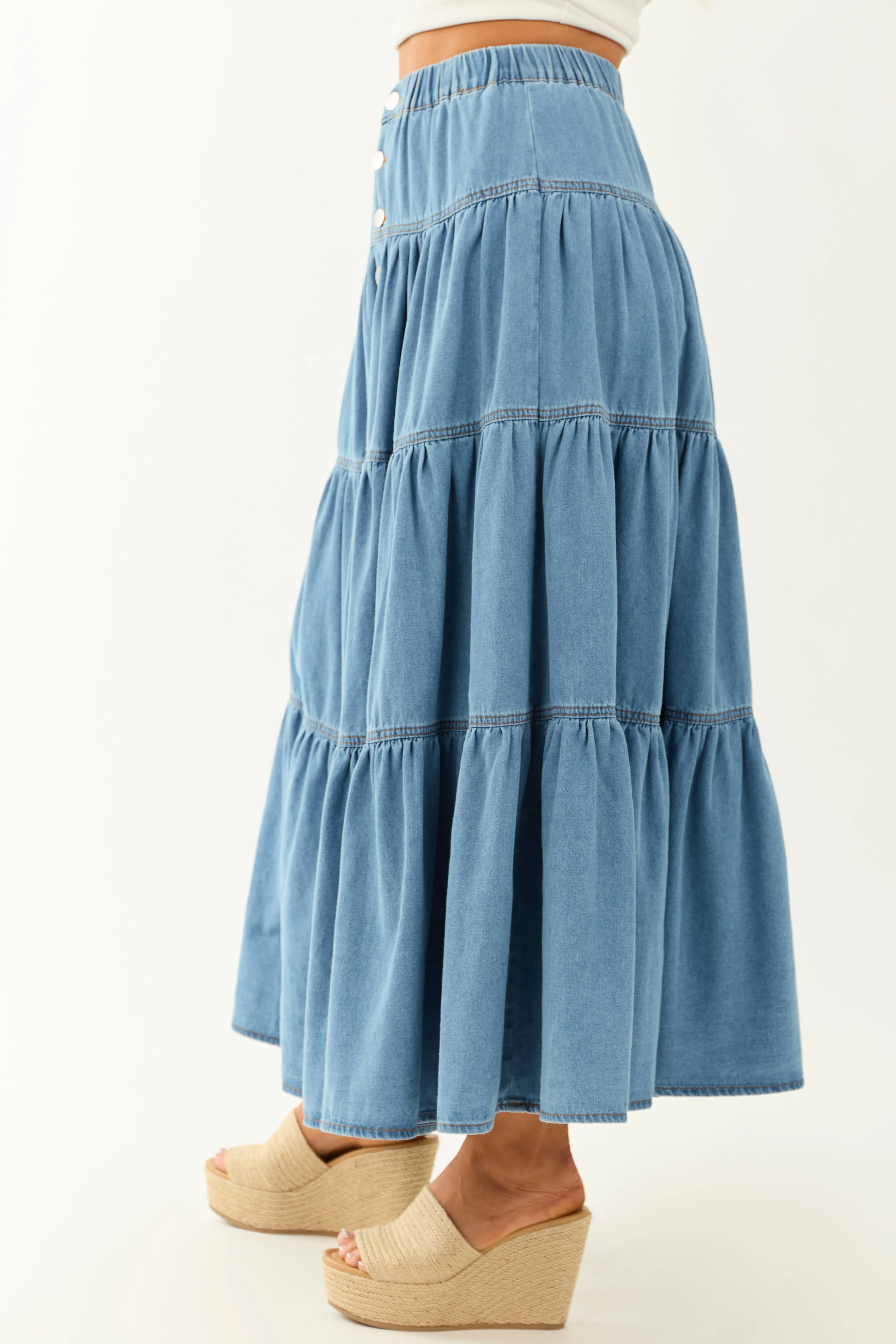 Medium Wash Chambray Denim Flowy Maxi Skirt sold by Lime Lush product image thumbnail 3
