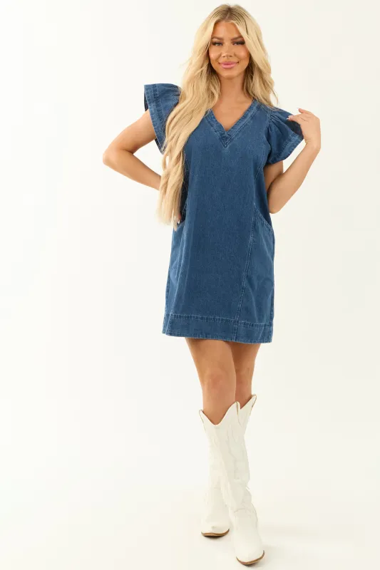 Dark Wash V Neck Ruffle Sleeve Denim Mini Dress sold by Lime Lush