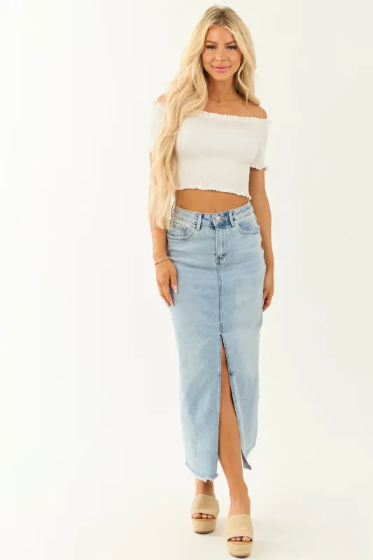 Risen Light Wash Denim Front Slit Maxi Skirt sold by Lime Lush
